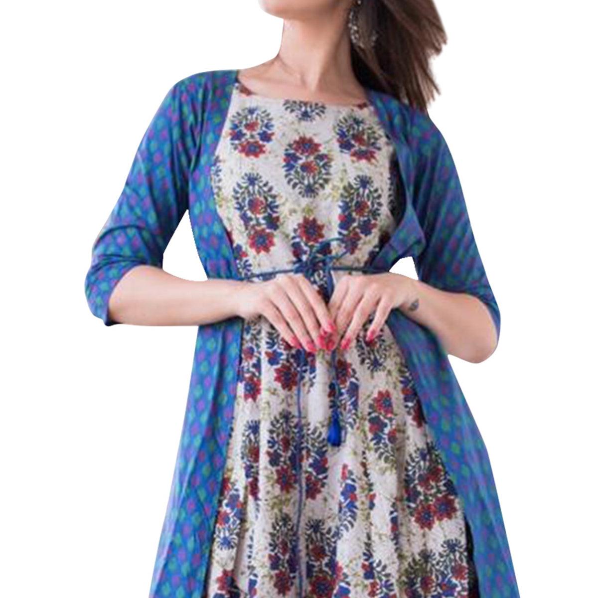 Peachmode Seller Mesmeric Blue-Multi Colored Casual Printed Muslin Jacket Style Gown - view 2