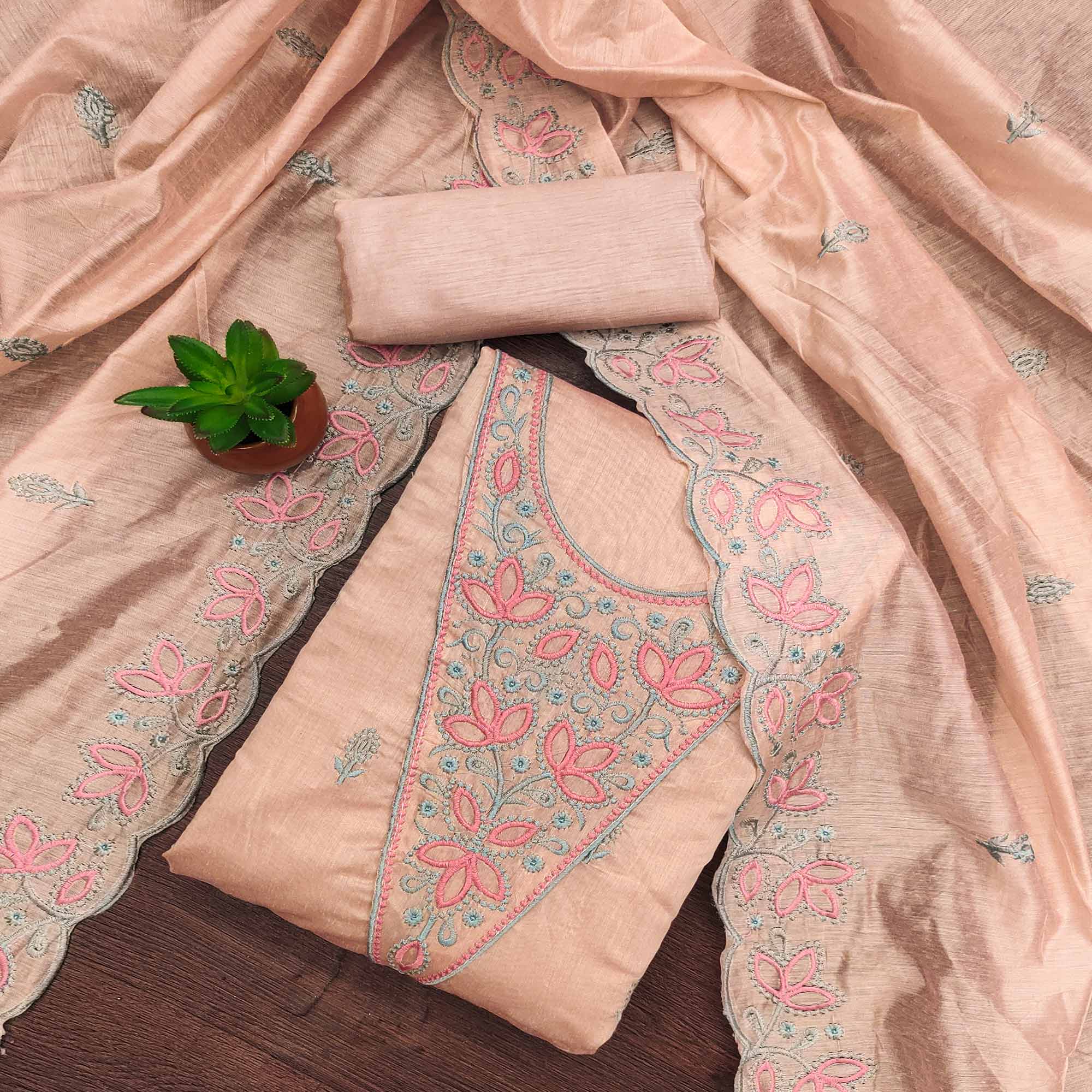 Peachmode Light Peach Floral Embroidered Chanderi Dress Material