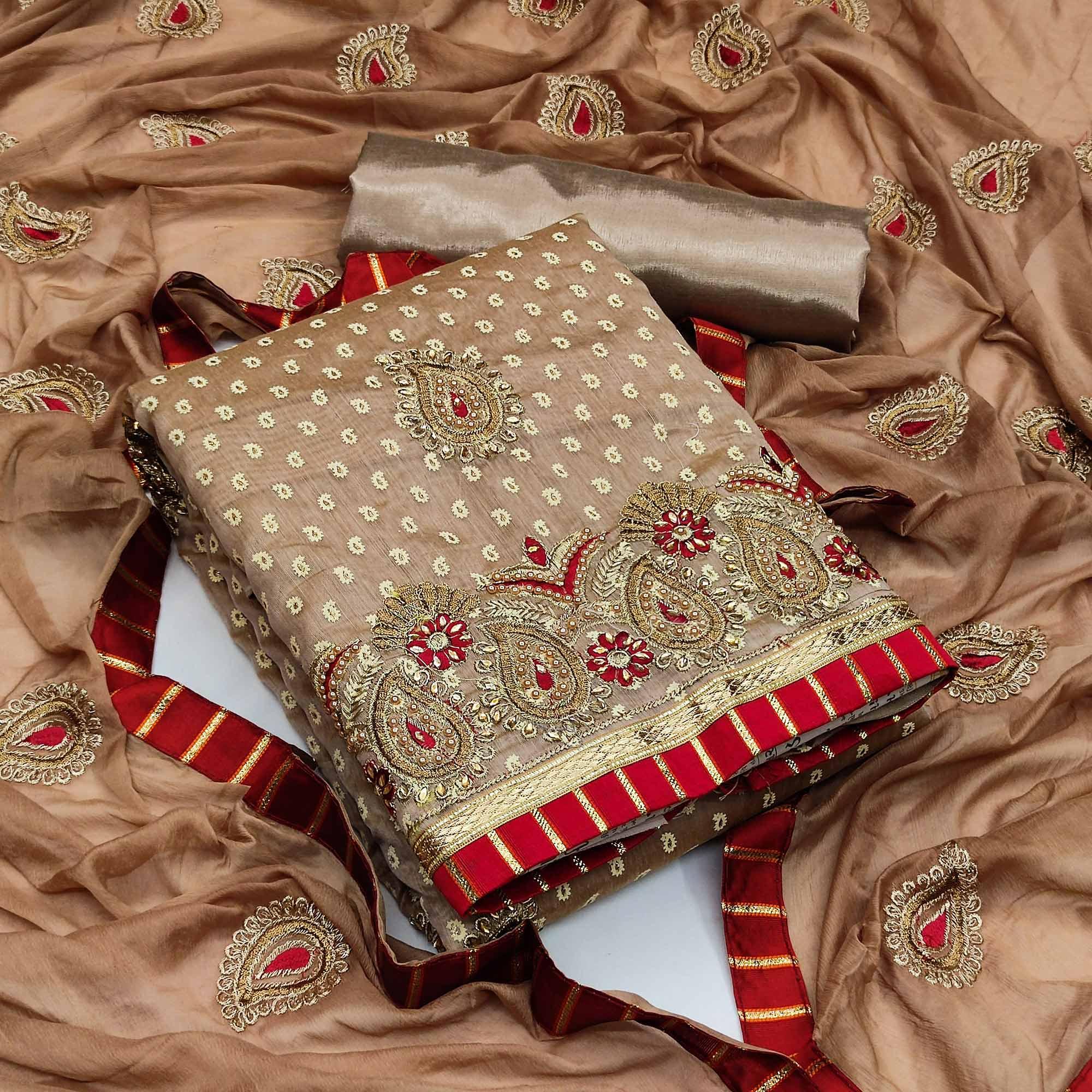Peachmode Brown Zardosi Work Fancy Fabric Dress Material