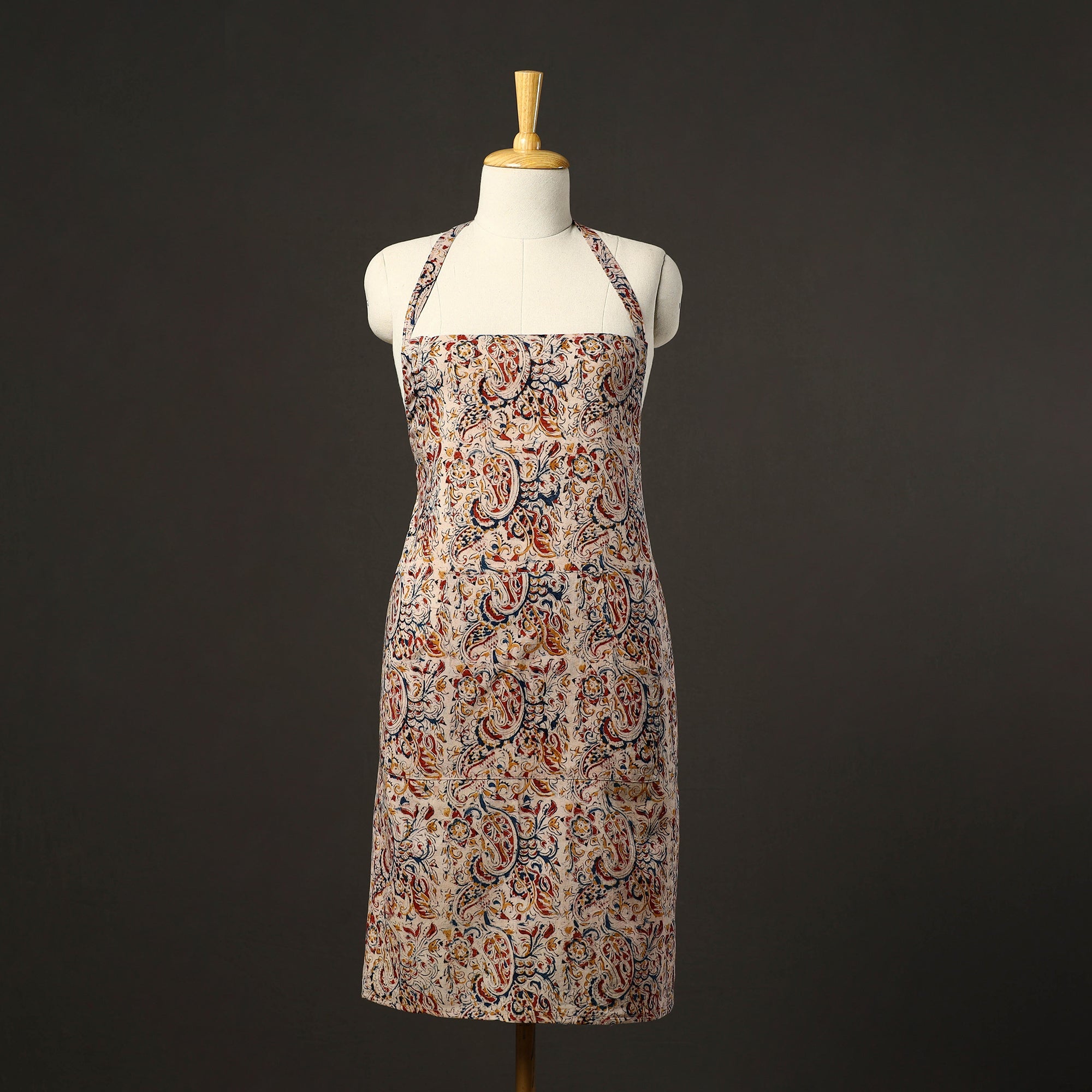 JALPARI Beige - Kalamkari Block Print Cotton Apron with Pocket 42