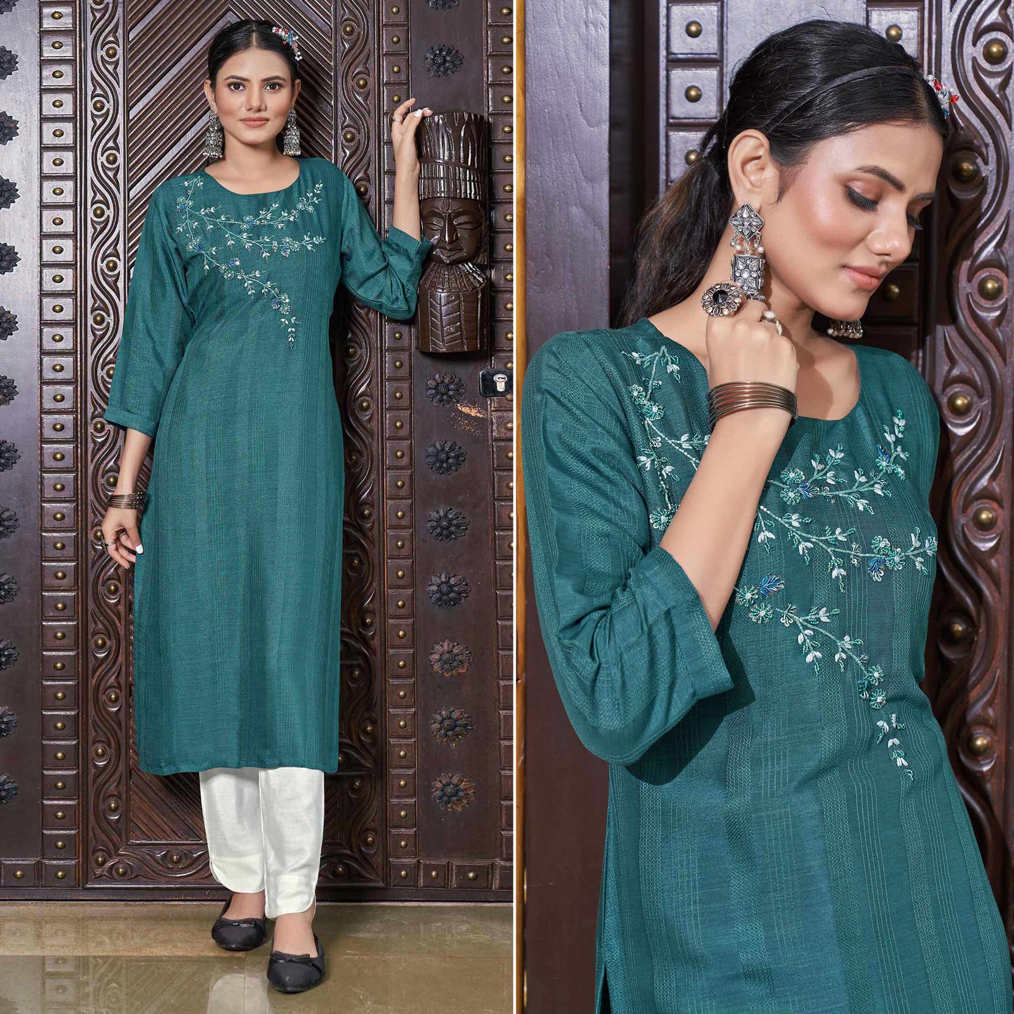 Peachmode Seller Deep Sea Green Floral Embroidered Rayon Kurti
