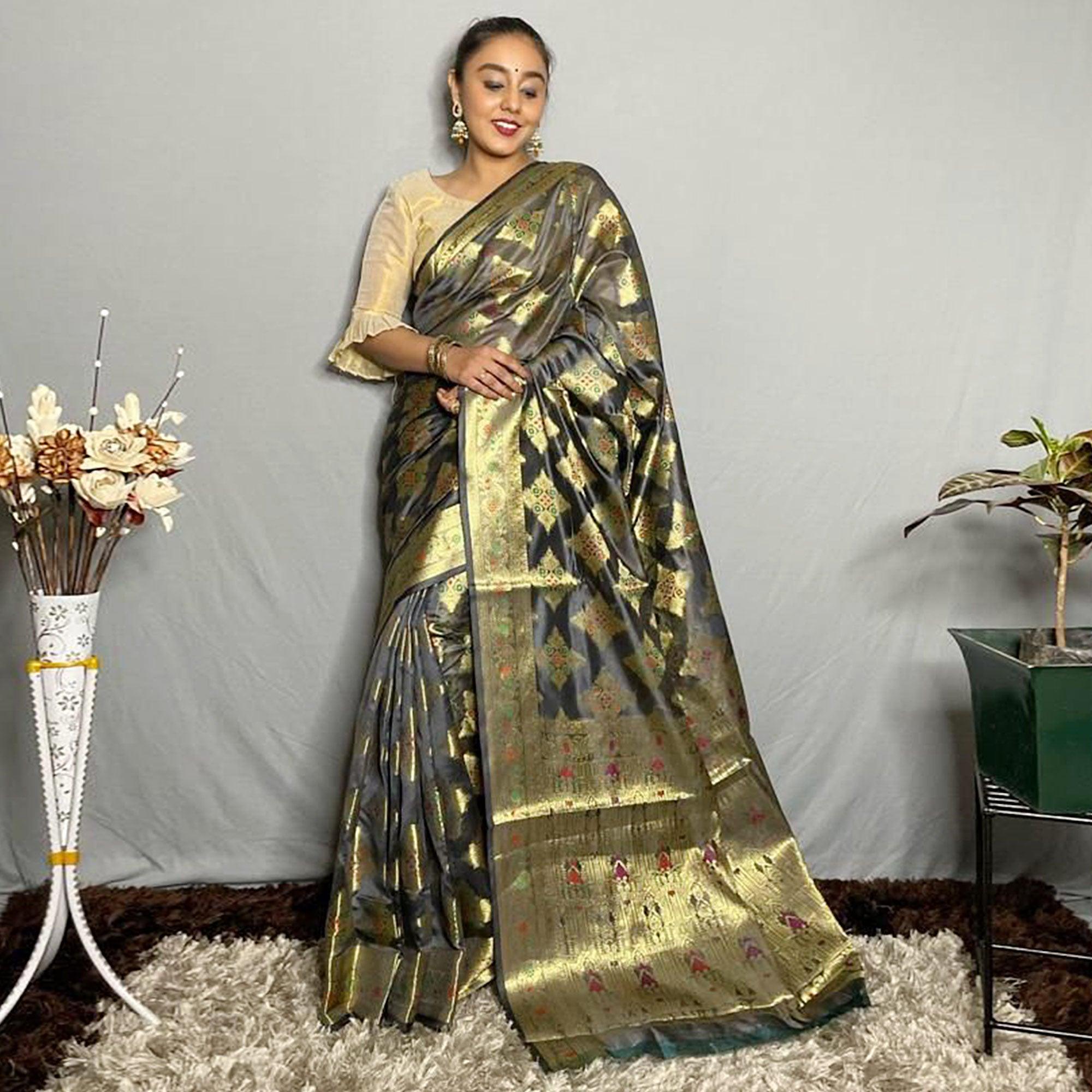 Peachmode Grey Woven Banarasi Silk Saree – Women's