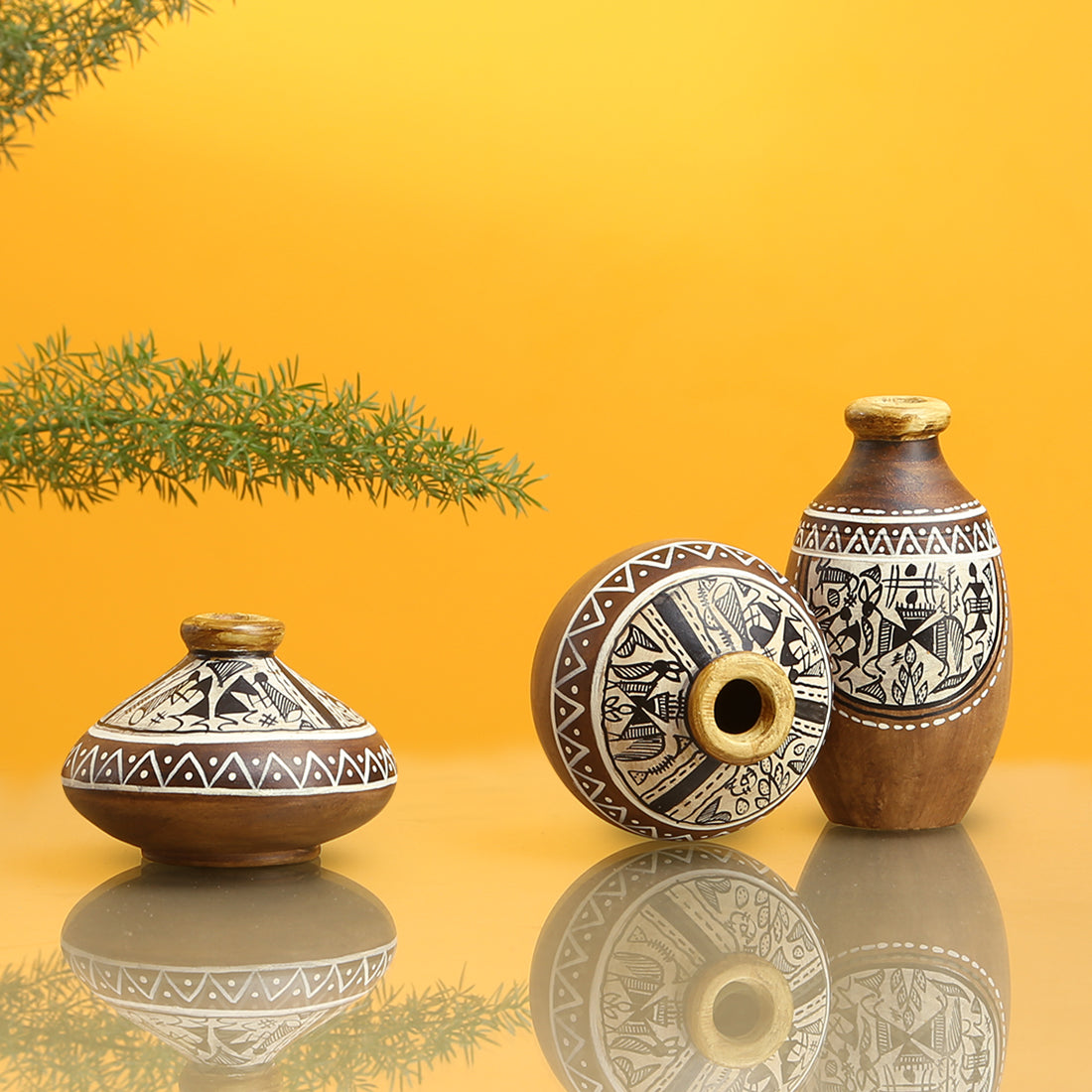 EXCLUSIVELANE 'Three Little Terracotta Pots Showpieces' with Warli Handpainted In Natural Mud Brown (Set Of 3)