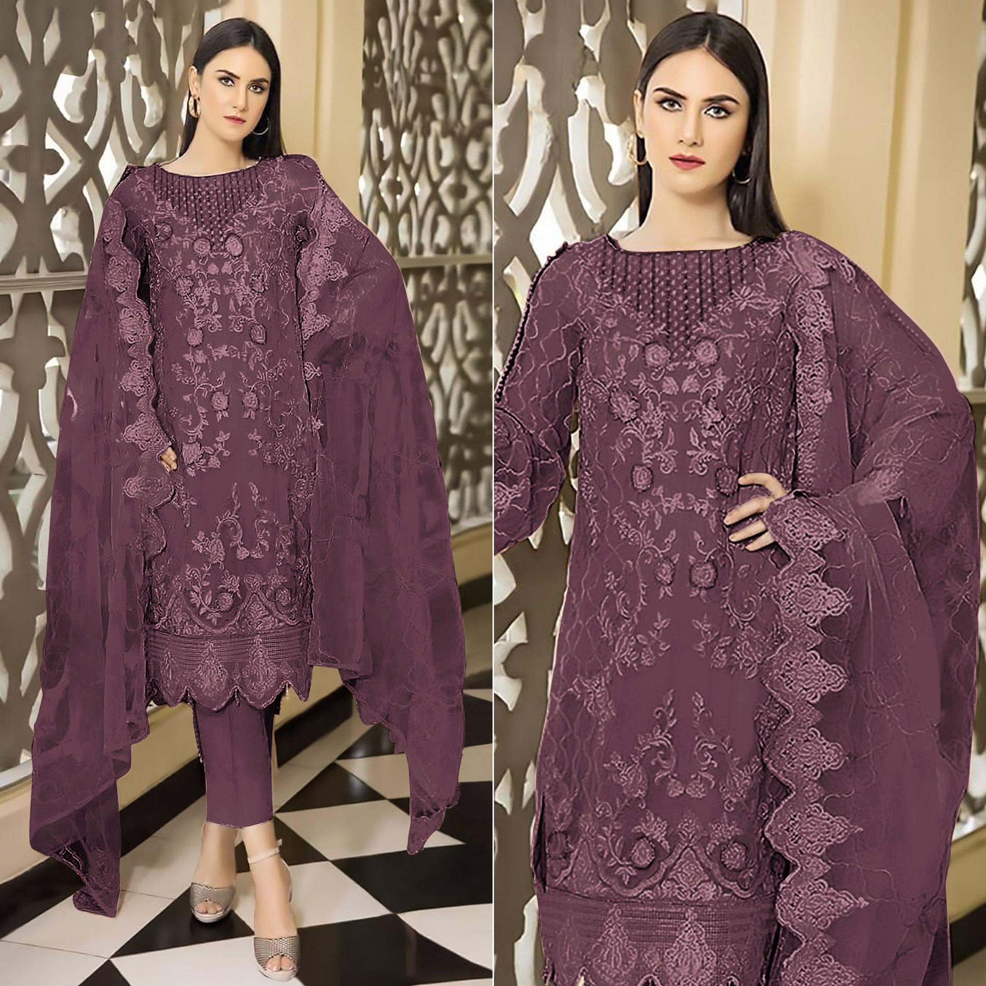 Peachmode Dark Mauve Floral Embroidered Georgette Semi Stitched Pakistani Suit