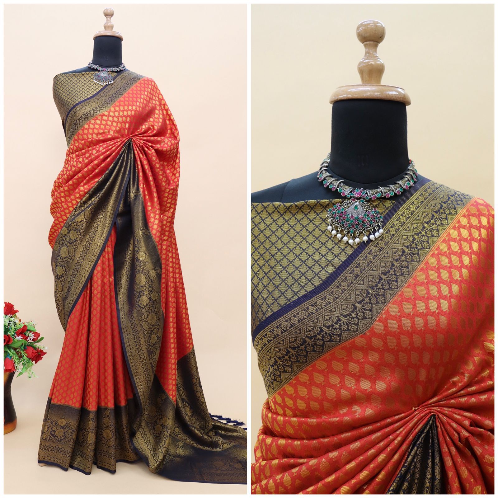 ClothsVilla Orange and Blue Kuber Soft Silk Saree with Exquisite Golden Jari Work & Matching Blouse