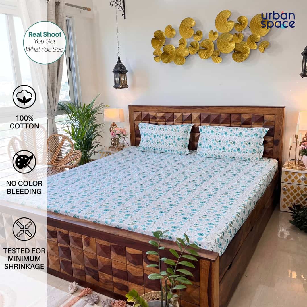 Urban Space -Home Furnishing Store Divine - 100% Cotton Double Bedsheet with 2 Pillow Covers - Zinnia Blue - view 2
