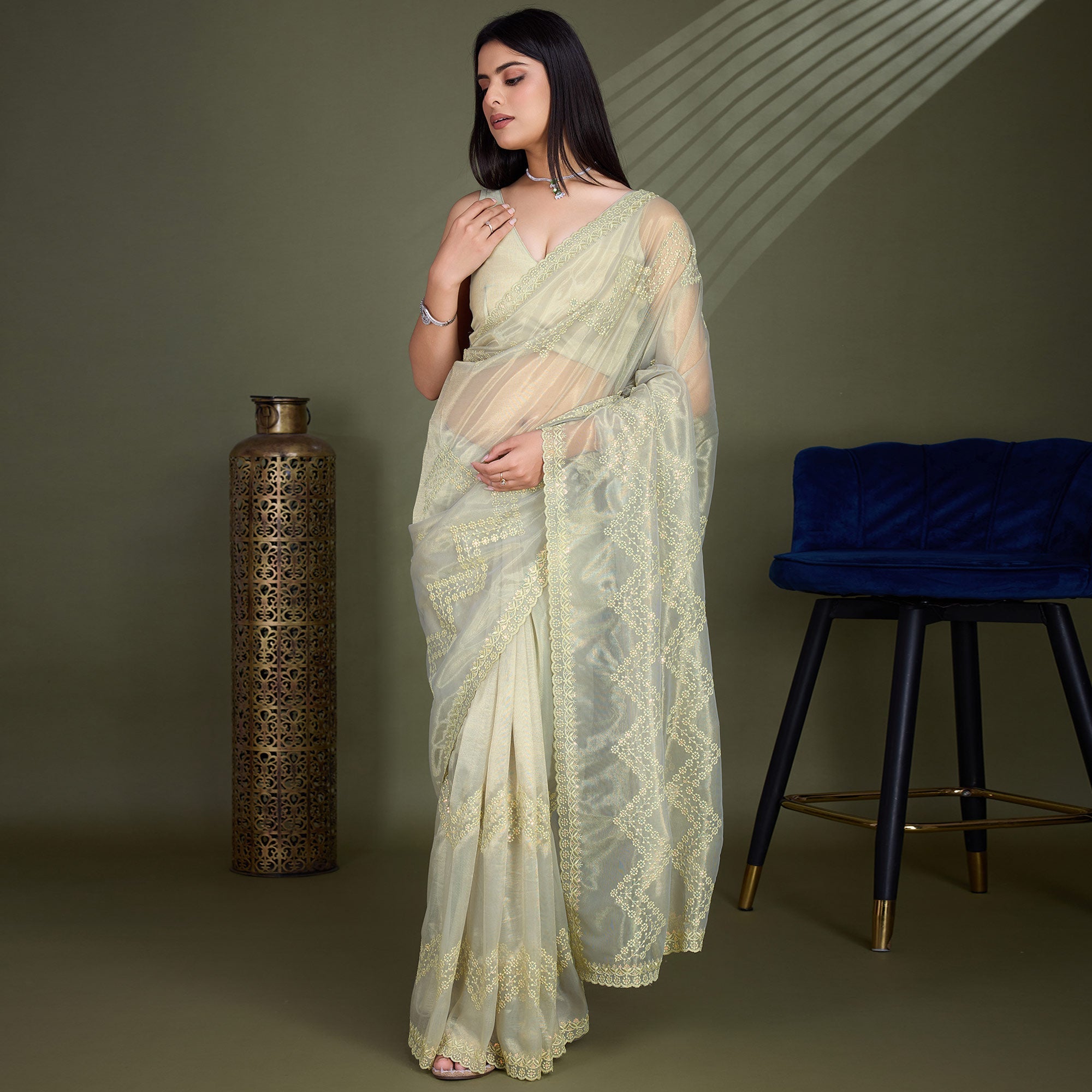 Peachmode Light Olive Green Sequins Embroidered Shimmer Net Saree - view 2