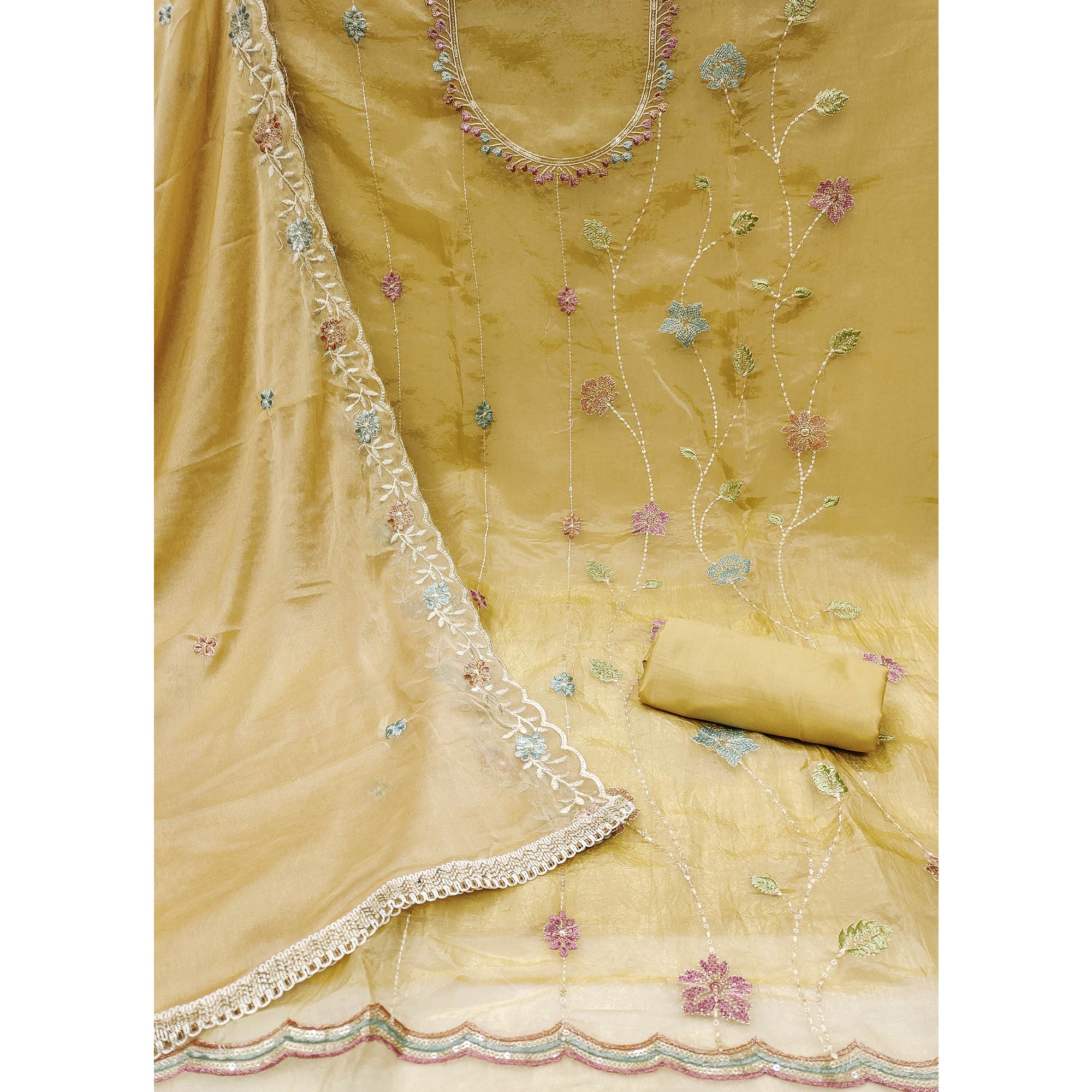 Peachmode Chikoo Floral Sequins Embroidered Viscose Golden Crush Dress Material - view 4