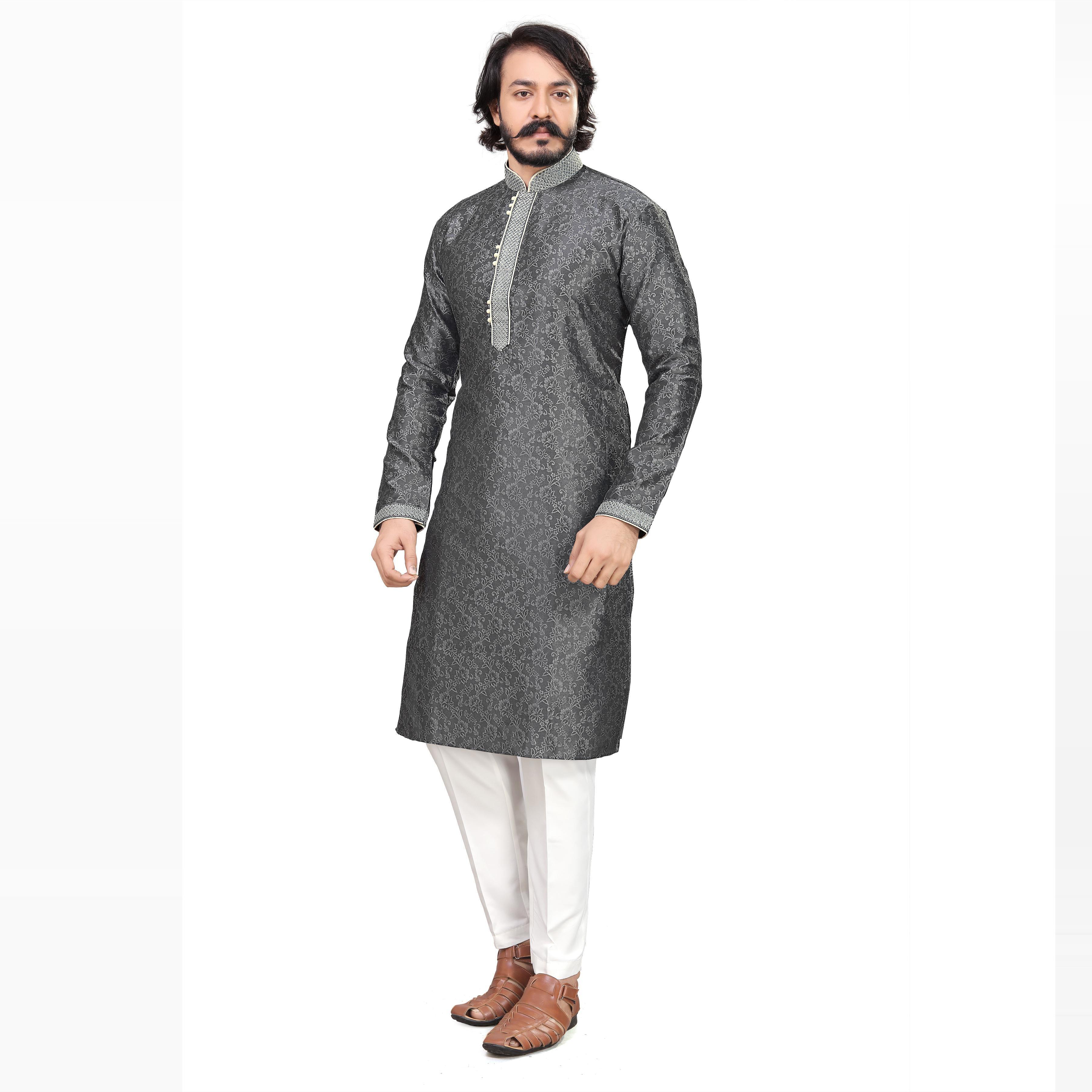 Peachmode Seller Grey Woven Jacquard Men's Kurta Pyjama Set