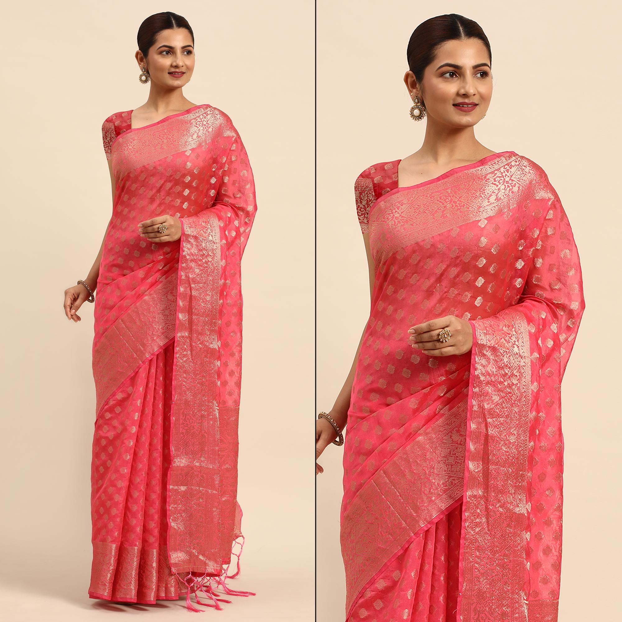 Peachmode Gajari Pink Woven Organza Silk Saree With Tassels