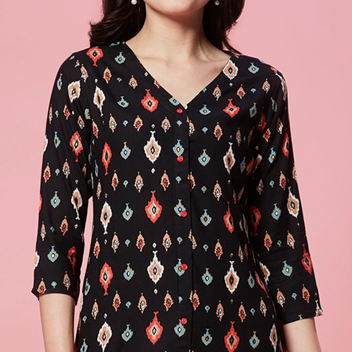 Peachmode Black Ikkat Printed Rayon Straight Kurti - view 3