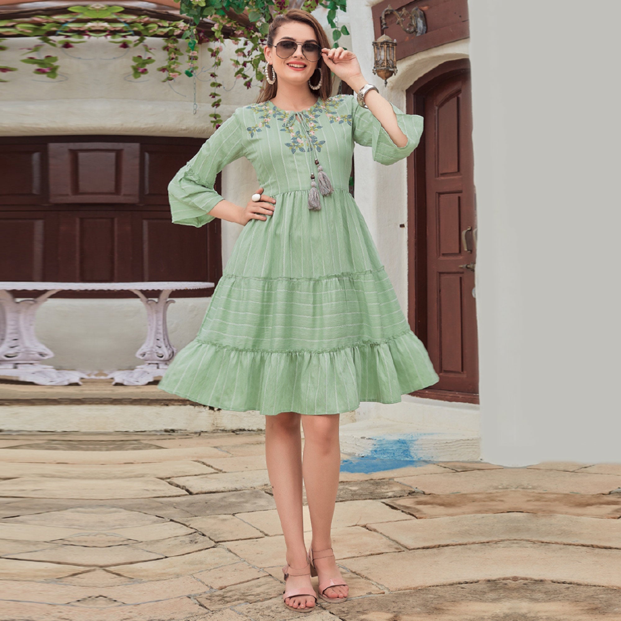 BlackTree green-floral-embroidered-rayon-dress - view 2