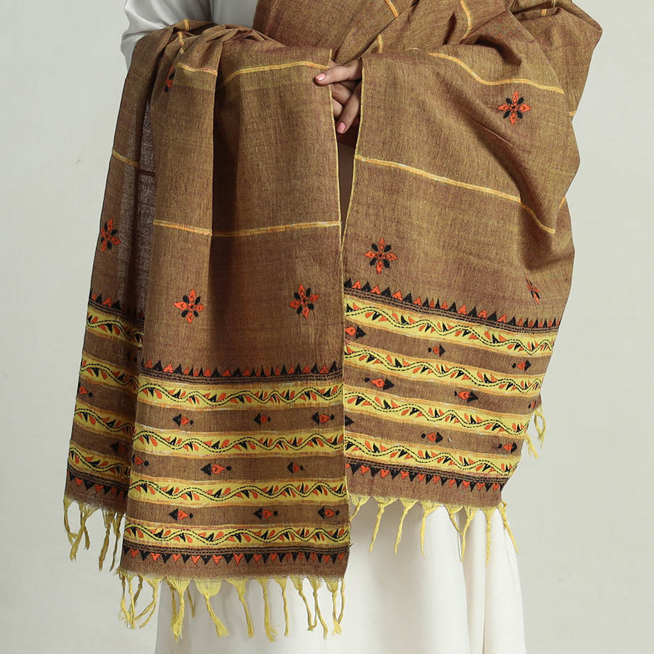 ASALKAAR Brown - Bengal Kantha Embroidery Khes Handwoven Cotton Dupatta with Tassels 139 - view 5