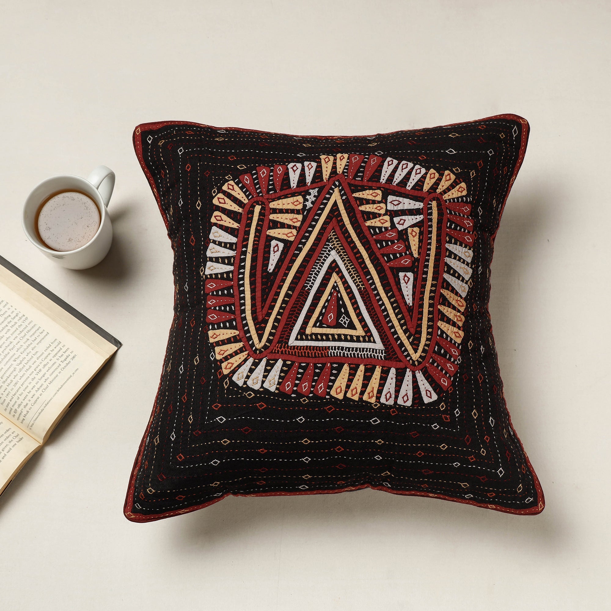 QASAB Black - Kutch Dhebariya Qatab Hand Embroidered Cotton Cushion Cover (16 x 16 in)