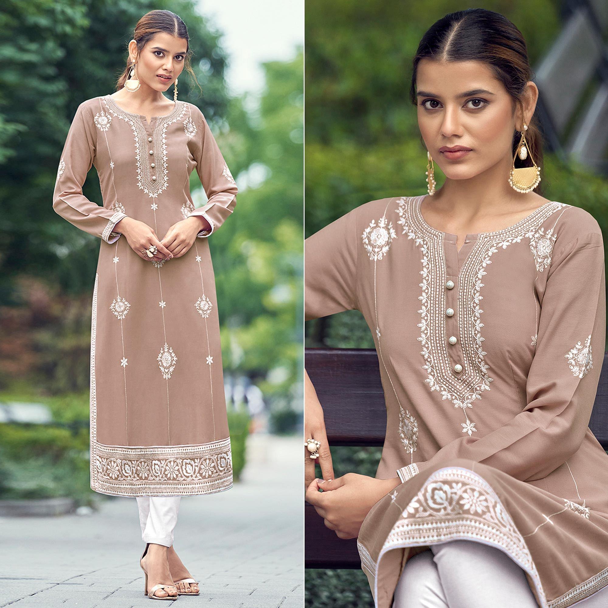 Peachmode Seller Coffee Lakhnawi Work Rayon Kurti