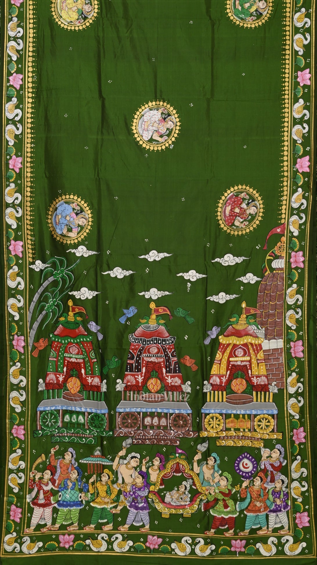 IndianVillèz Mehendi Green Shree Jagannath Ratha Yatra Hand-Painted Pattachitra Saree - view 2
