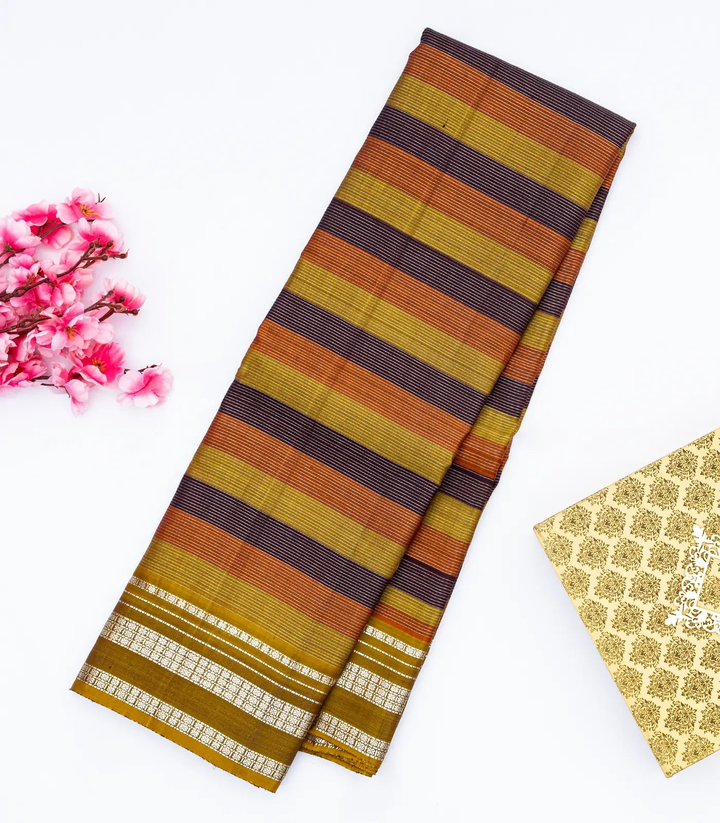 RmKV Dark Olive Handloom Kanchipuram Silk Saree With Multi Colour & Zari Stripes