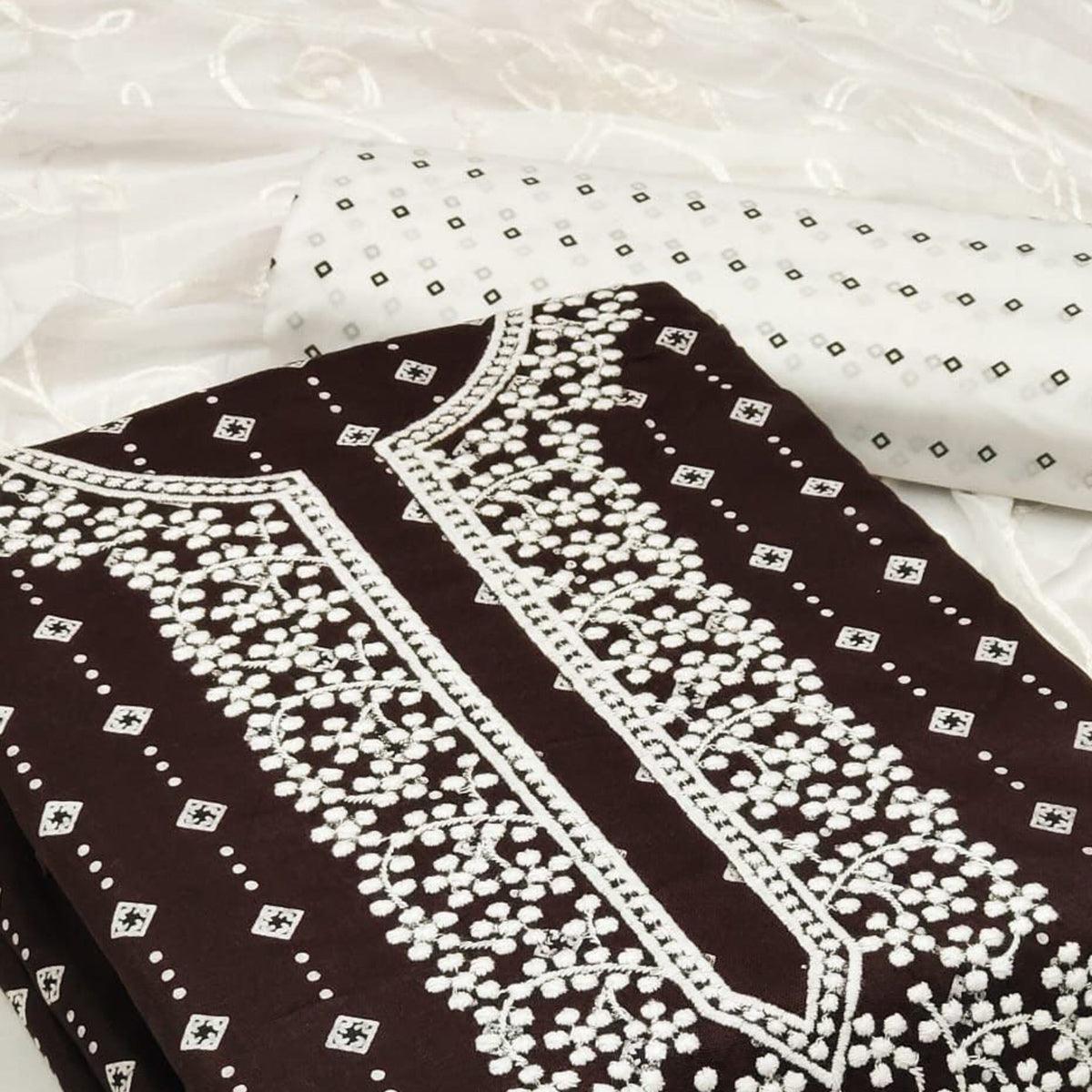Peachmode Brown Embroidered With Printed Rayon Dress Material - view 2