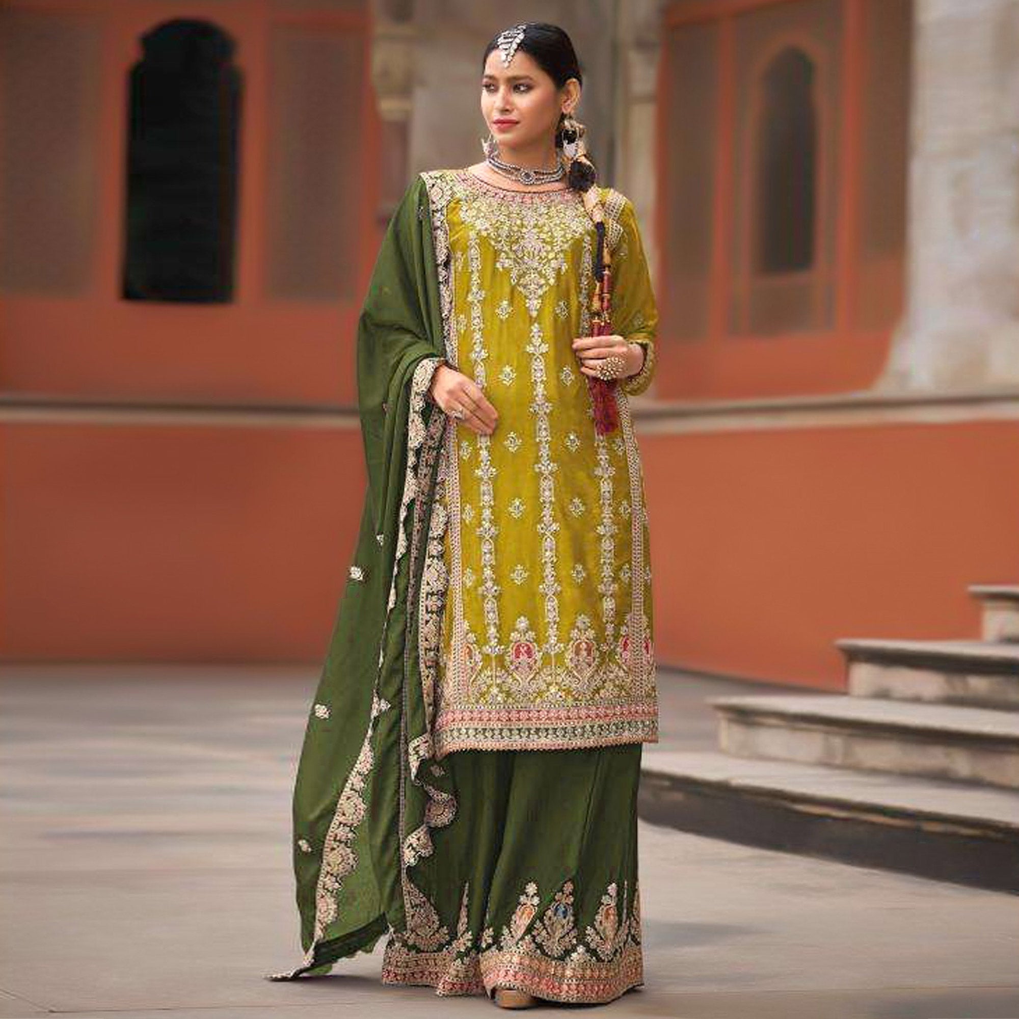 Peachmode Seller Dark Mustard Floral Sequins Embroidered Chinon Silk Palazzo Suit - view 2