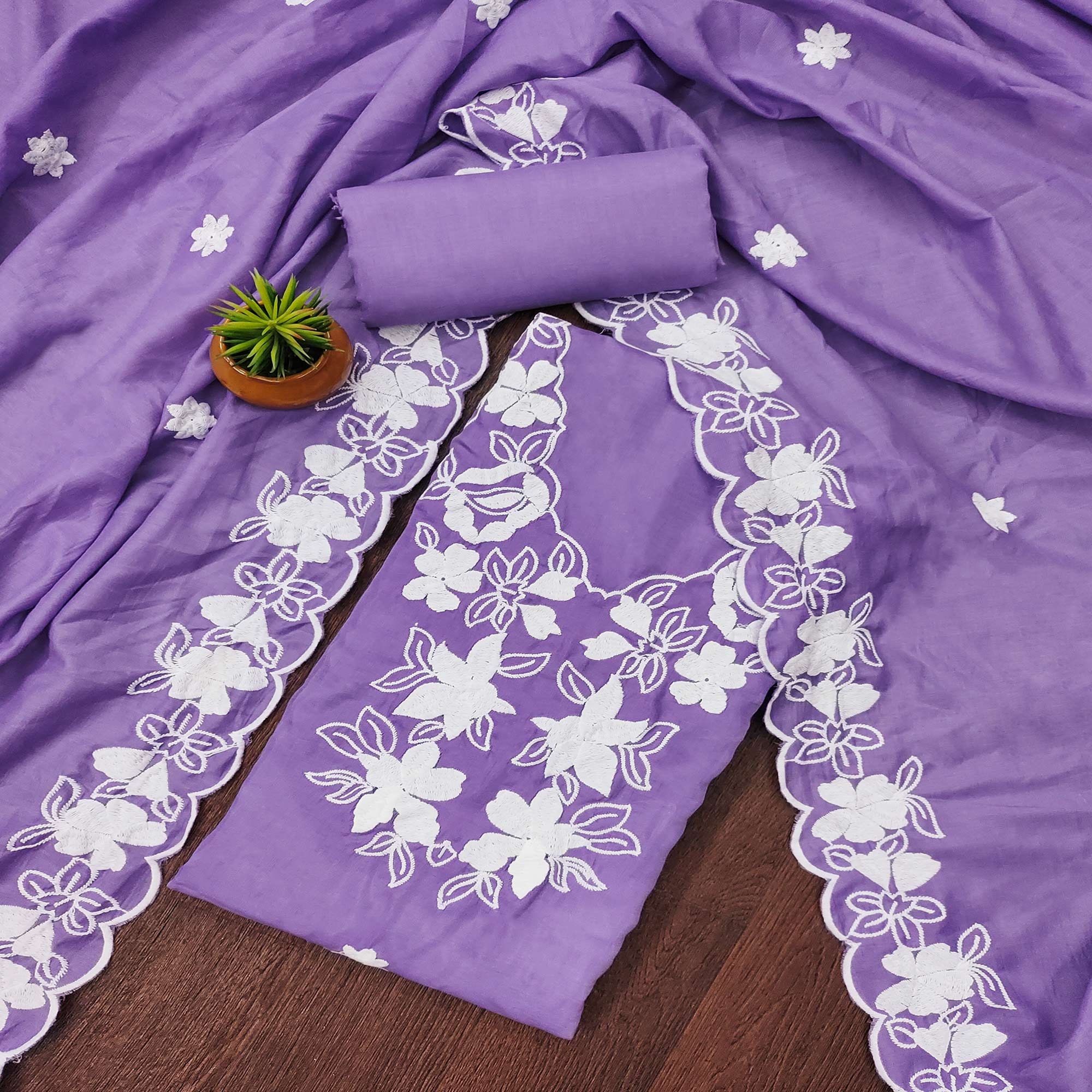 Peachmode Lavender Floral Embroidered Cotton Blend Dress Material