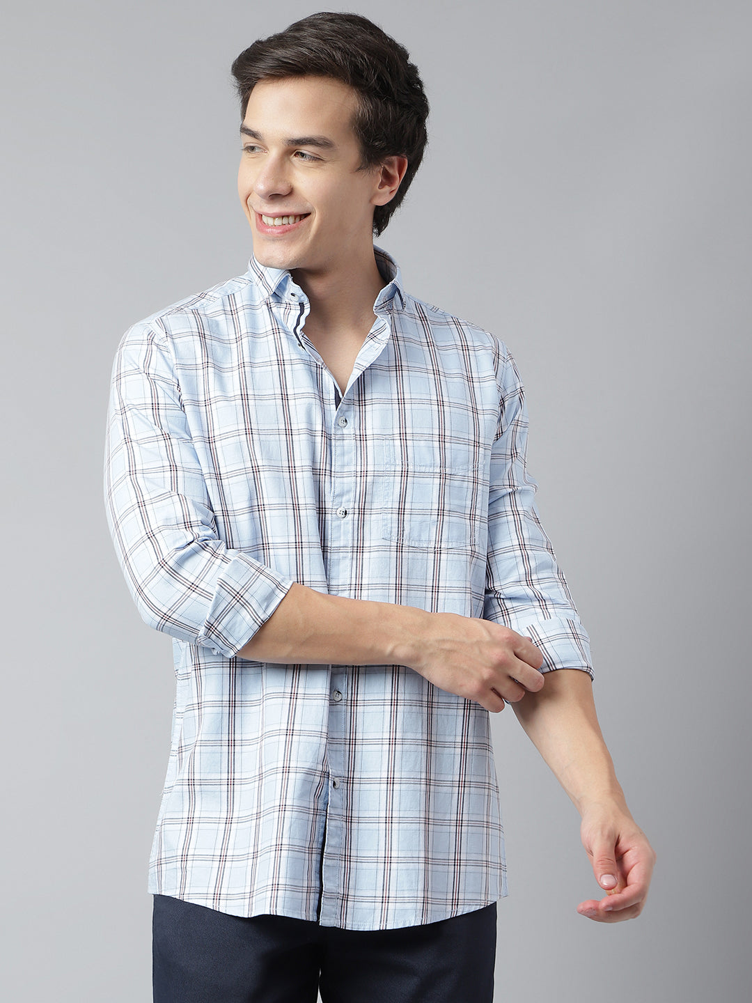 BlackTree Men Ice Blue Standard Fit Checkered Casual Shirt