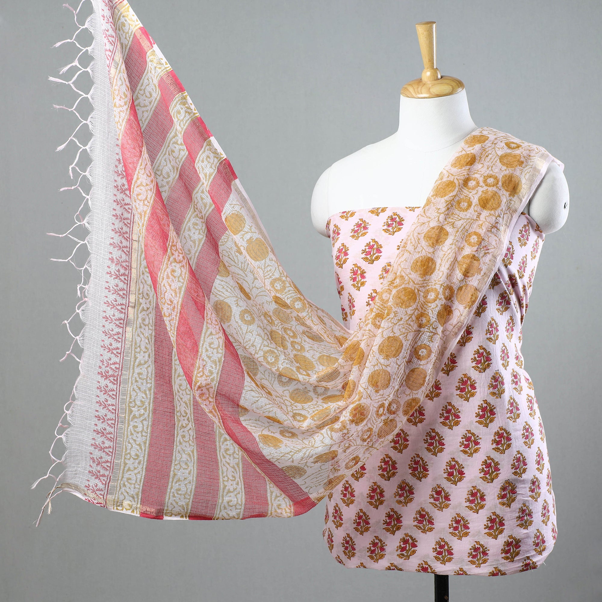 KUSUMLATA 3pc Sanganeri Block Printed Cotton Suit Material with Kota Doria Dupatta 10