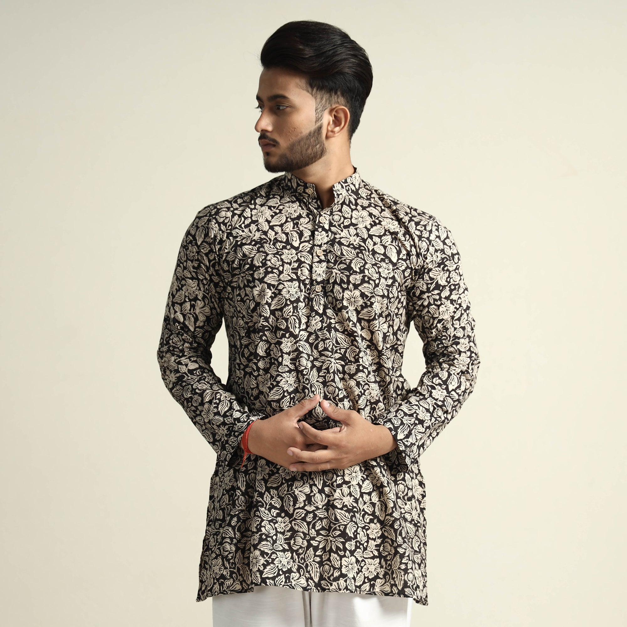 ITOKRI CASUALS Black & White Tropical Flowers Bagru Block Printed Cotton Men Short Kurta - view 2