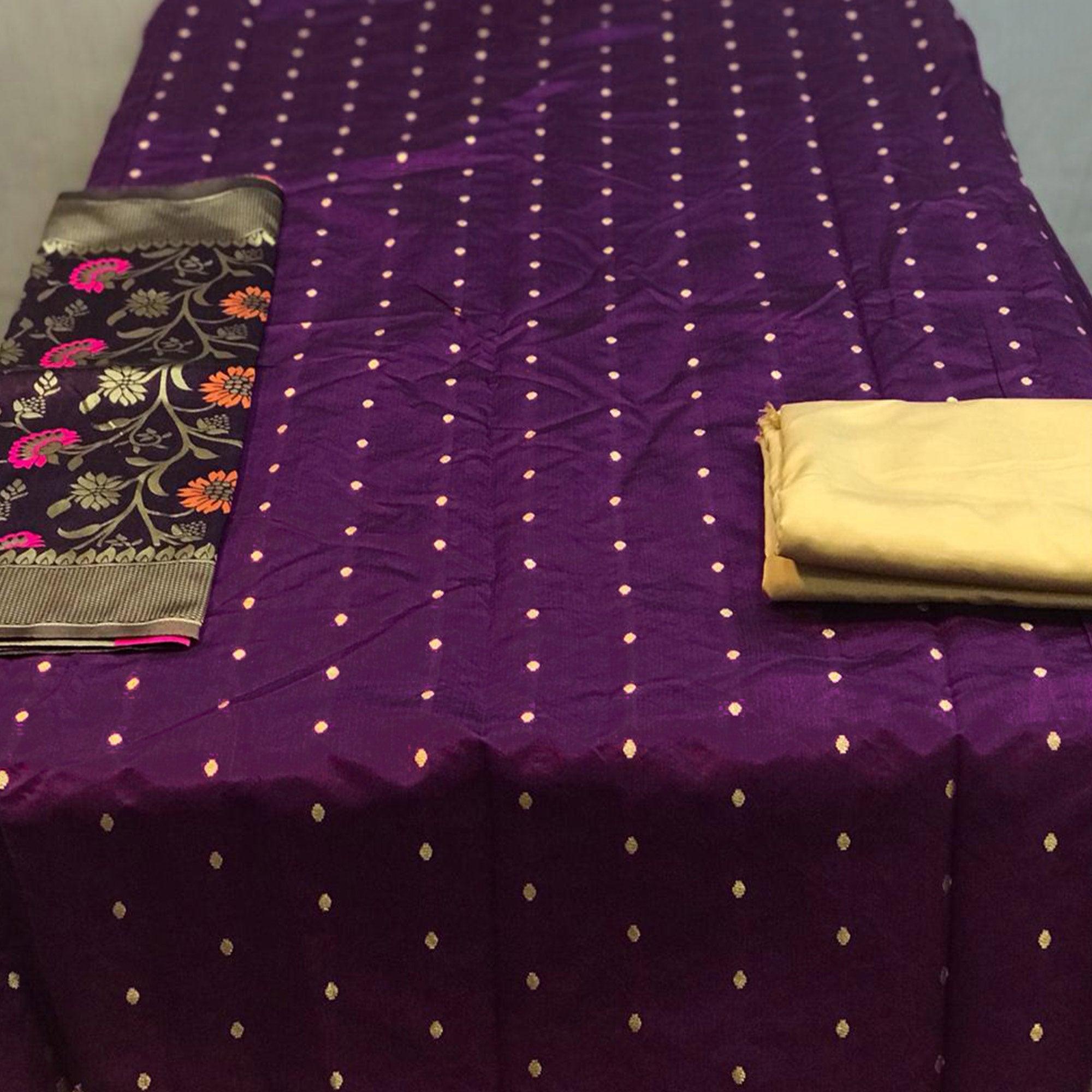 Peachmode Dark Purple Casual Wear Woven Banarasi Silk Dress Material - view 2