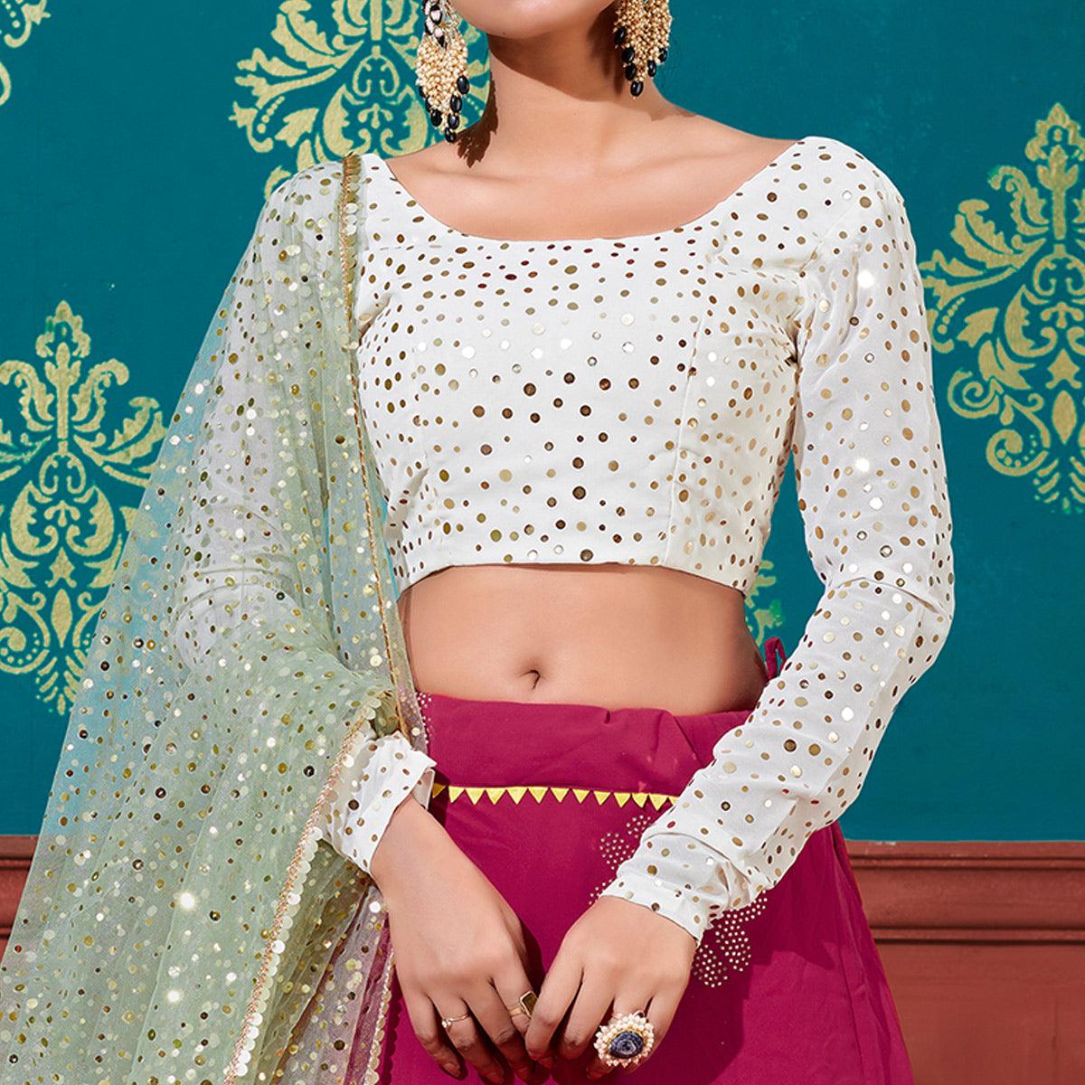 Peachmode Deep Pink-White Wedding Wear Pigment Foil Printed Work Georgette Lehenga Choli - view 3
