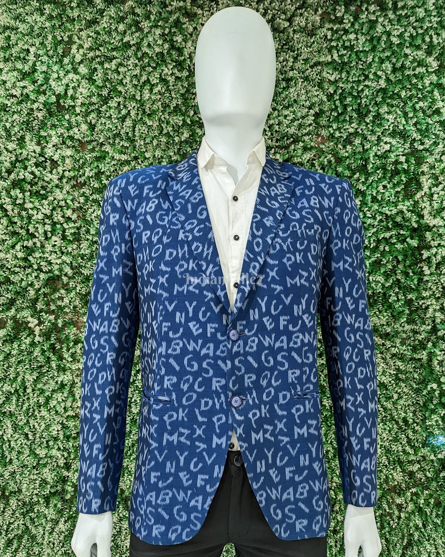 IndianVillèz Sky Blue English Alphabet Sambalpuri Ikat Men's Designer Blazer