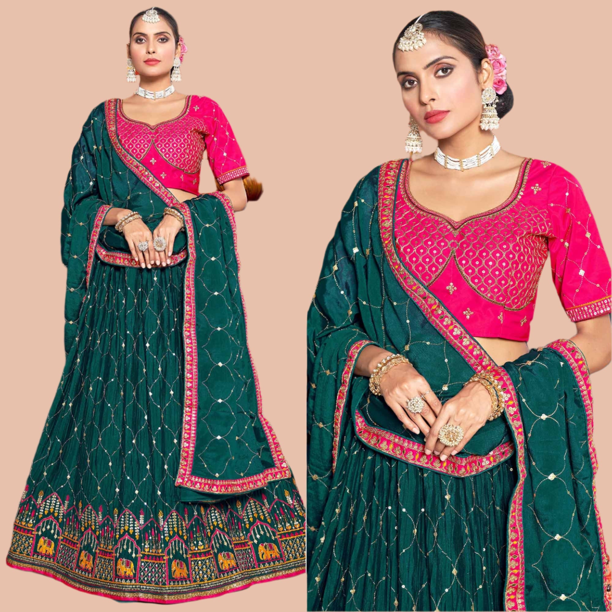 Peachmode Deep Sea Green Sequins Embroidered Chiffon Lehenga Choli