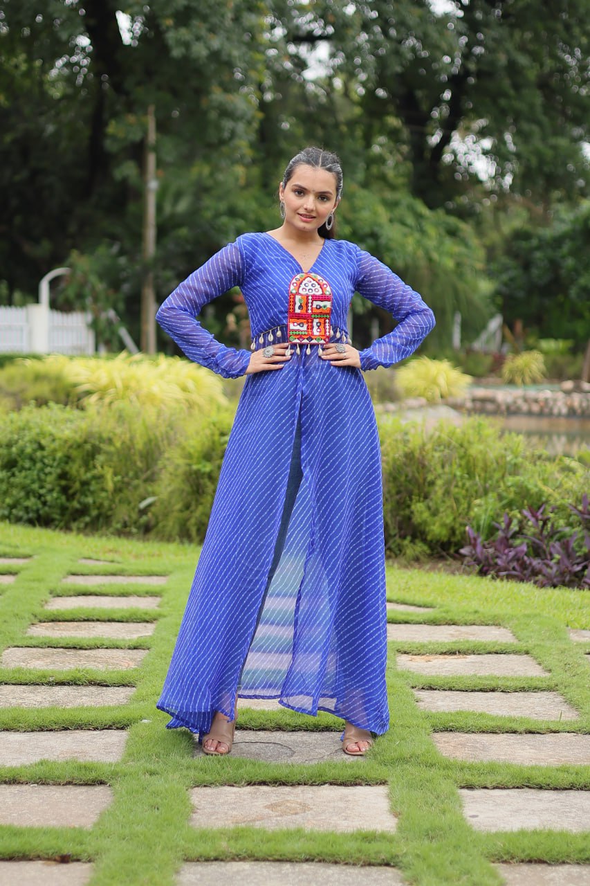 ClothsVilla Blue Faux Georgette Leheriya Print Kurti with Kutchi Patchwork