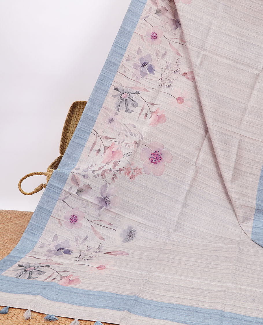 Pothys Cream floral digital printed semi-banaras tussar saree with contrast plain border