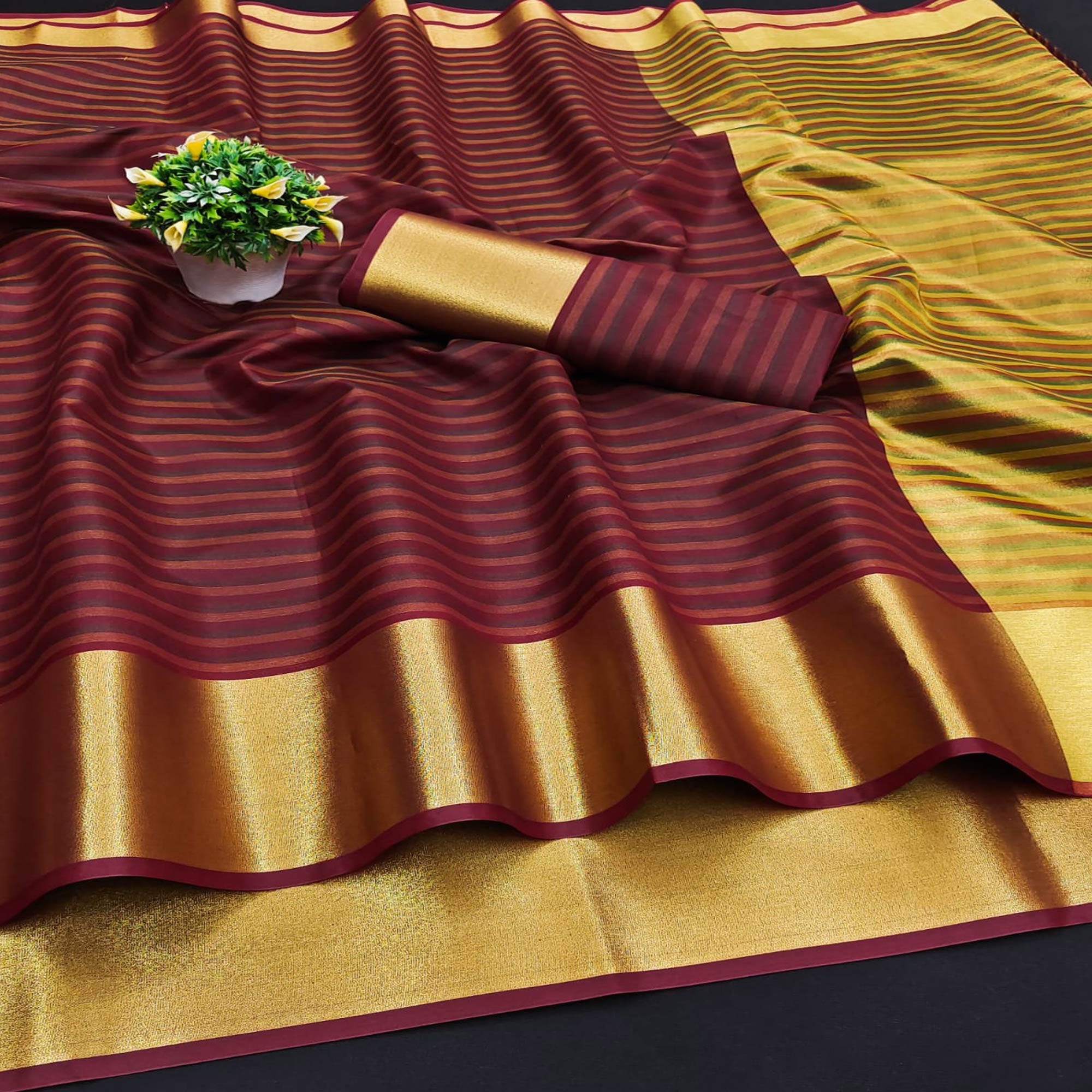 Peachmode Maroon Woven Cotton Silk Saree – Women's