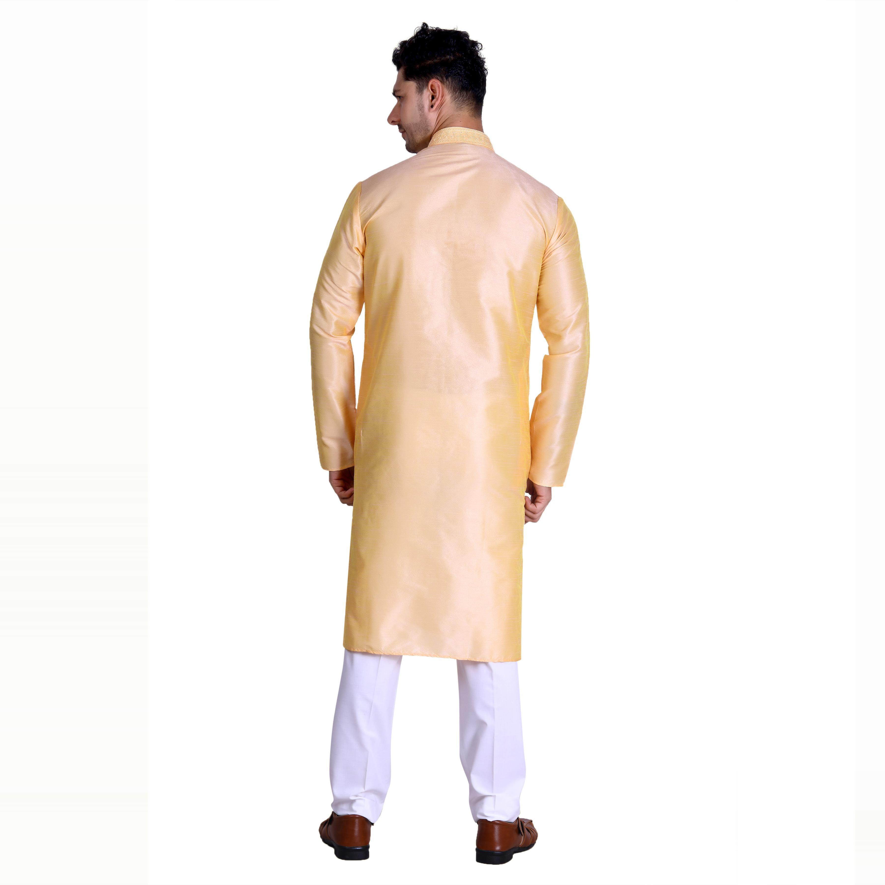 Peachmode Seller Light Yellow Woven With Embroidered Art Silk Men's Kurta Pyjama Set - view 3