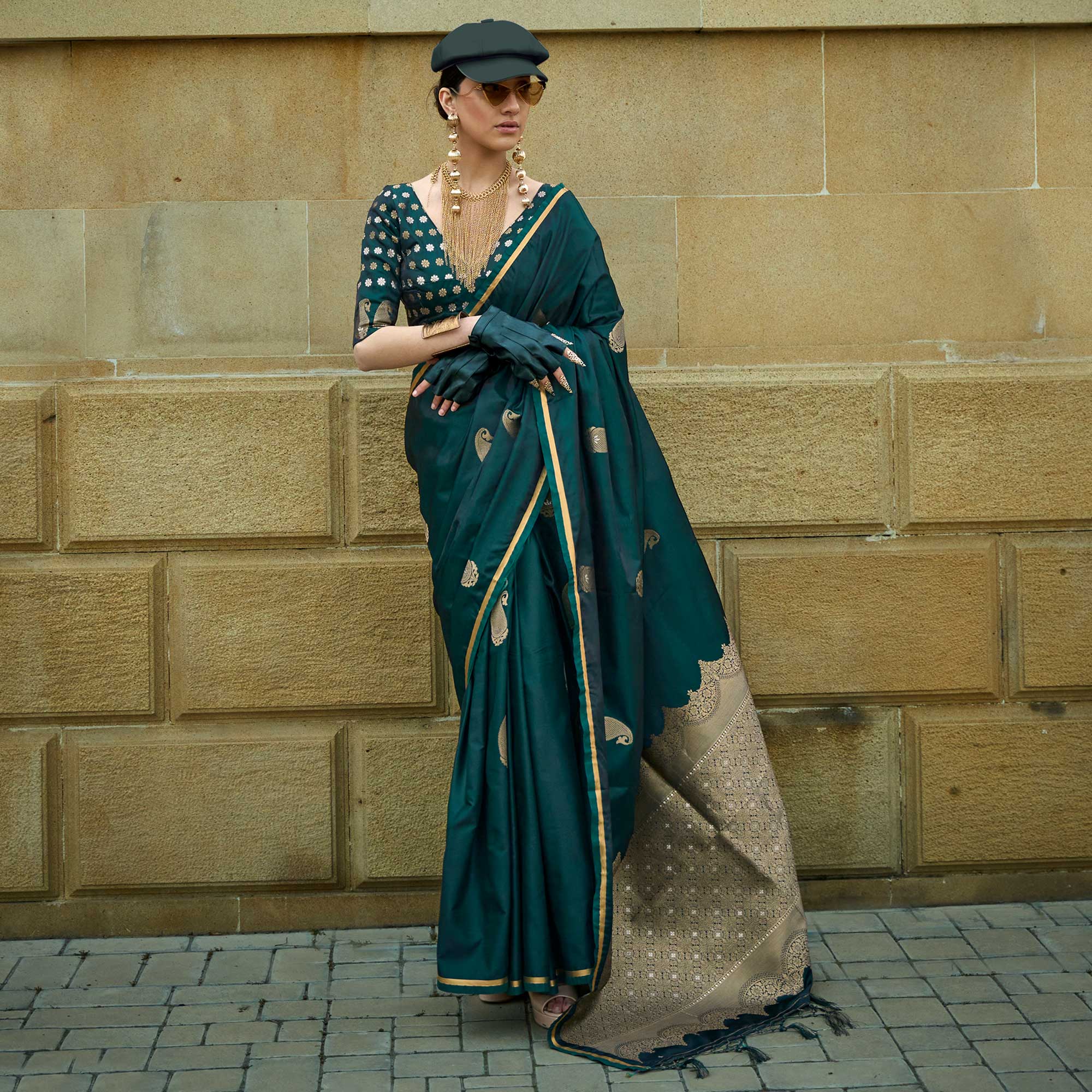 Peachmode Morpich Green Zari Work Woven Satin Saree With Tassels - view 3