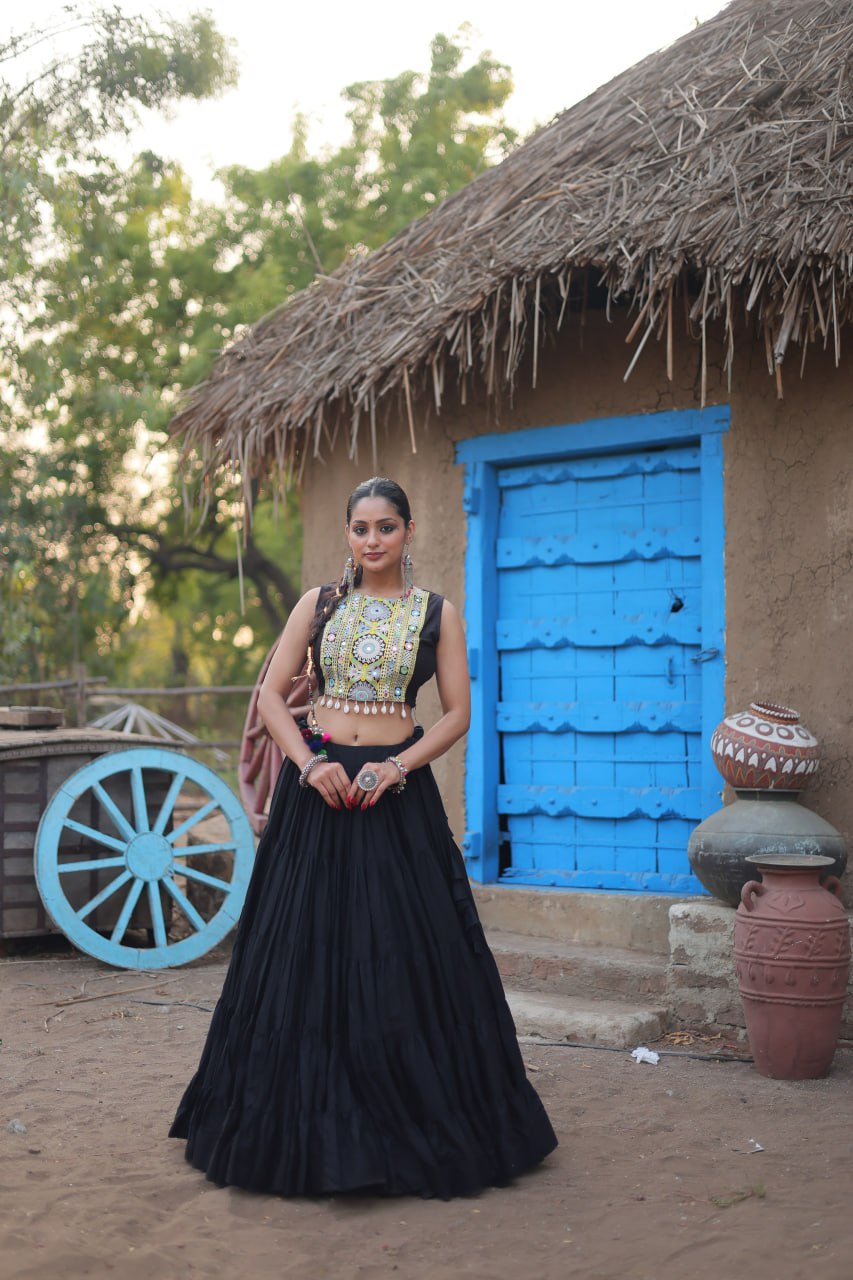 ClothsVilla Black Traditional Reyon Lehenga Set with Embroidered Blouse and Koti