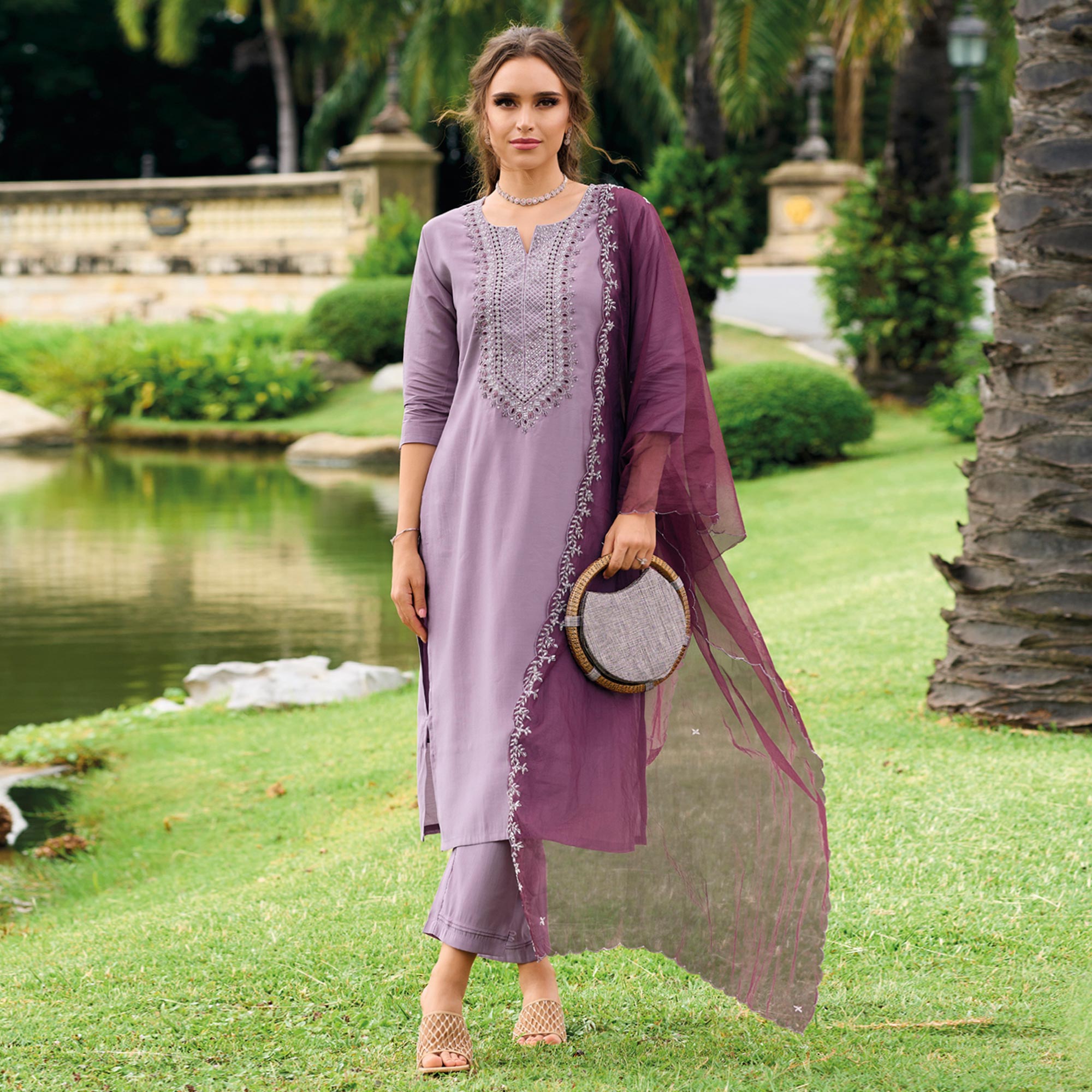 Peachmode Seller Lavender Floral Embroidered Cotton Silk Suit - view 2