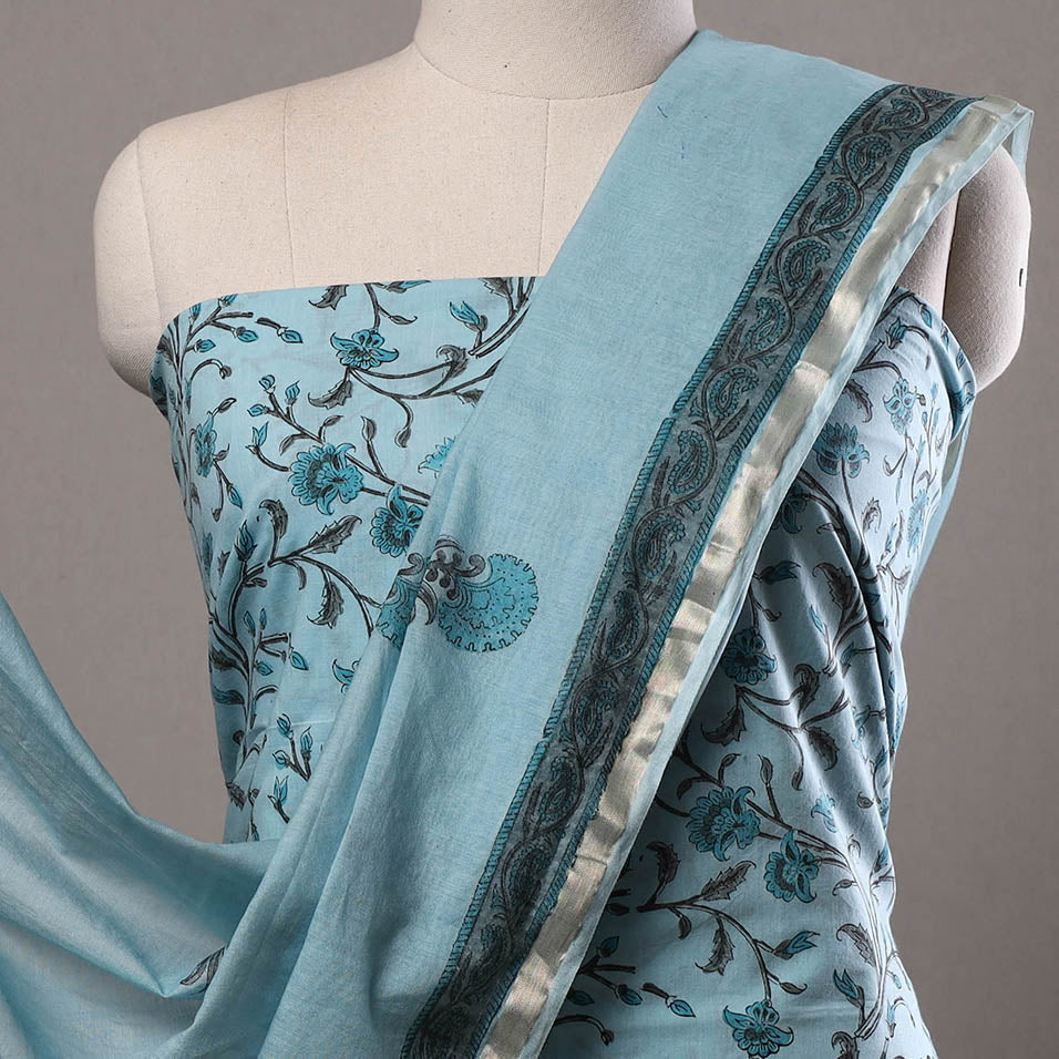 HAVELI CHRONICLES Blue - 3pc Sanganeri Block Printed Cotton Suit Material with Chanderi Silk Dupatta 02 - view 3