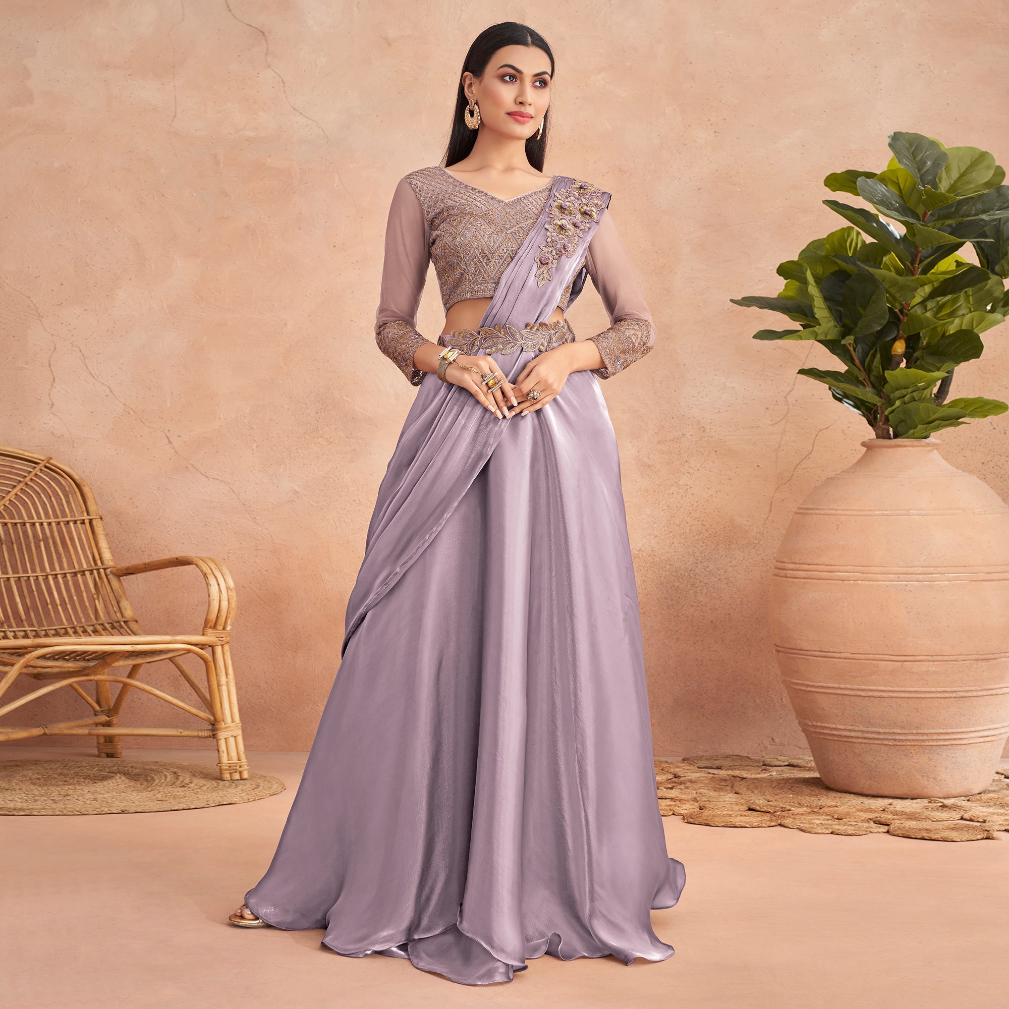 Peachmode Seller Light Purple Sequins Embroidered Ready to Wear Art Silk Saree - view 2