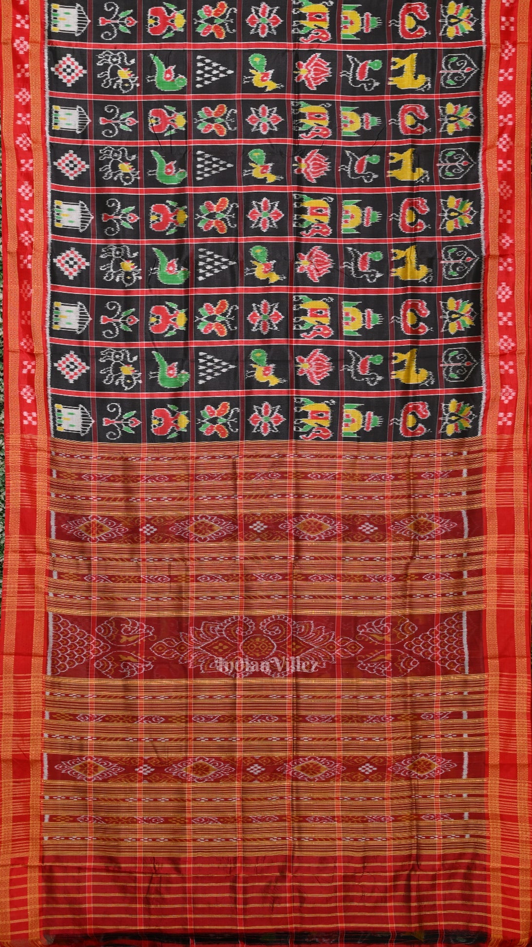 IndianVillèz Black Red Nabakothi Odisha Ikat Khandua Silk Saree