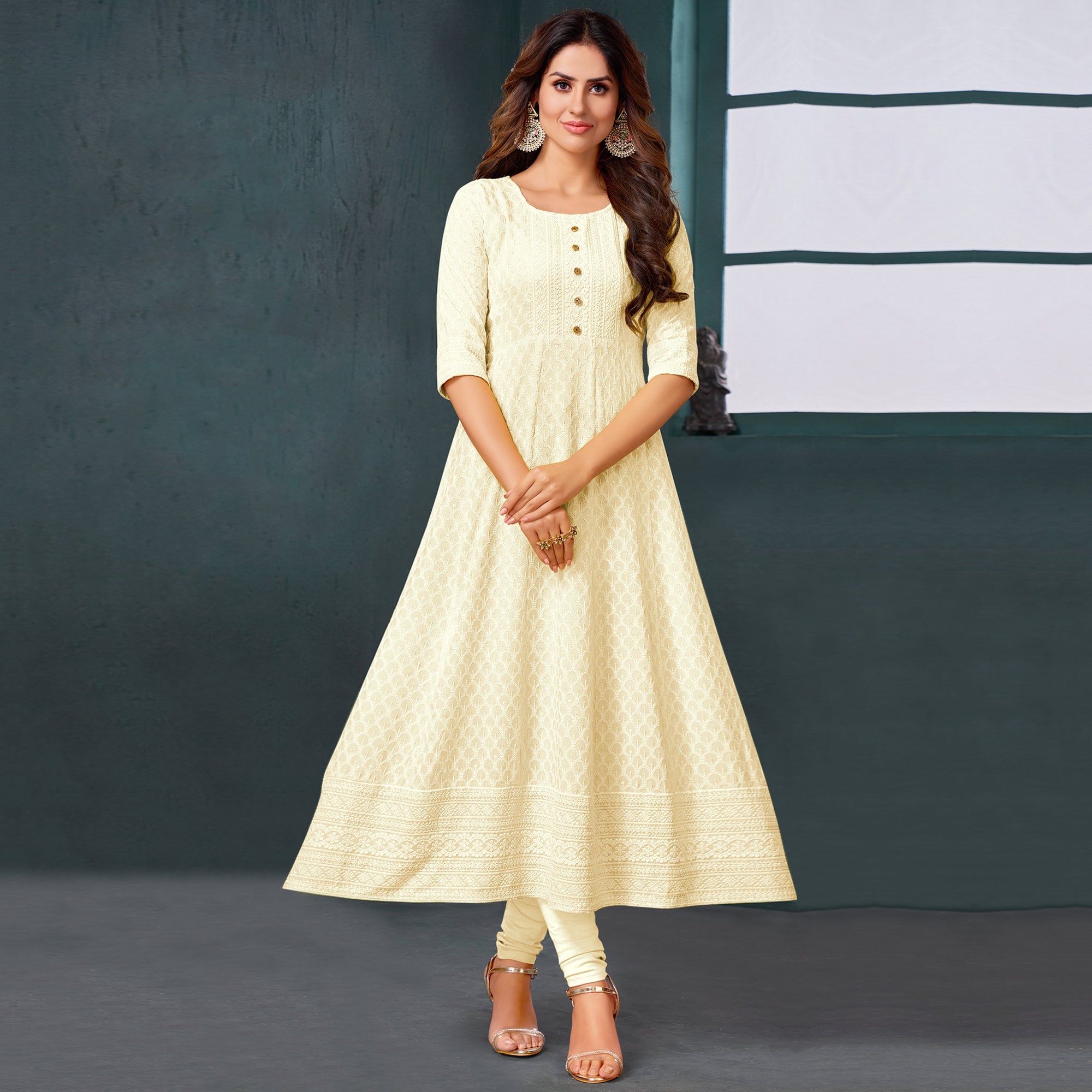 Peachmode Seller Cream Chikankari Work Aanarkali Style Rayon Kurti - view 2