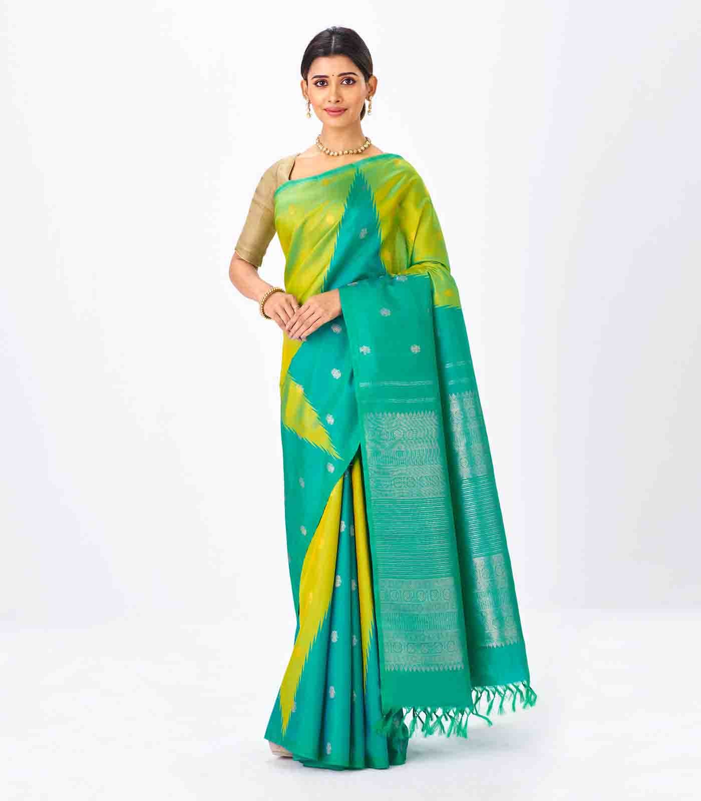 RmKV Aquamarine & Turquoise Handloom Kanchipuram Korvai Silk Saree With Buttas