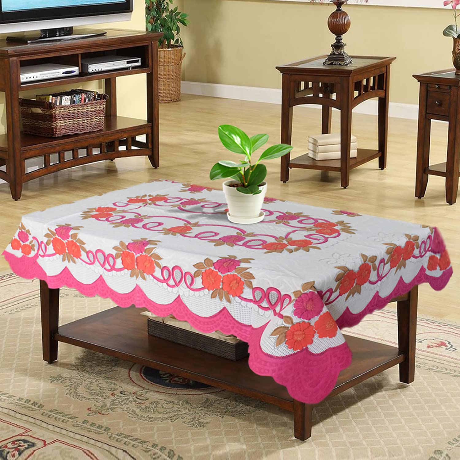 Heart Home Flower Printed Cotton 4 Seater Center Table Cover,40"x60" (White & Pink)-44HH041