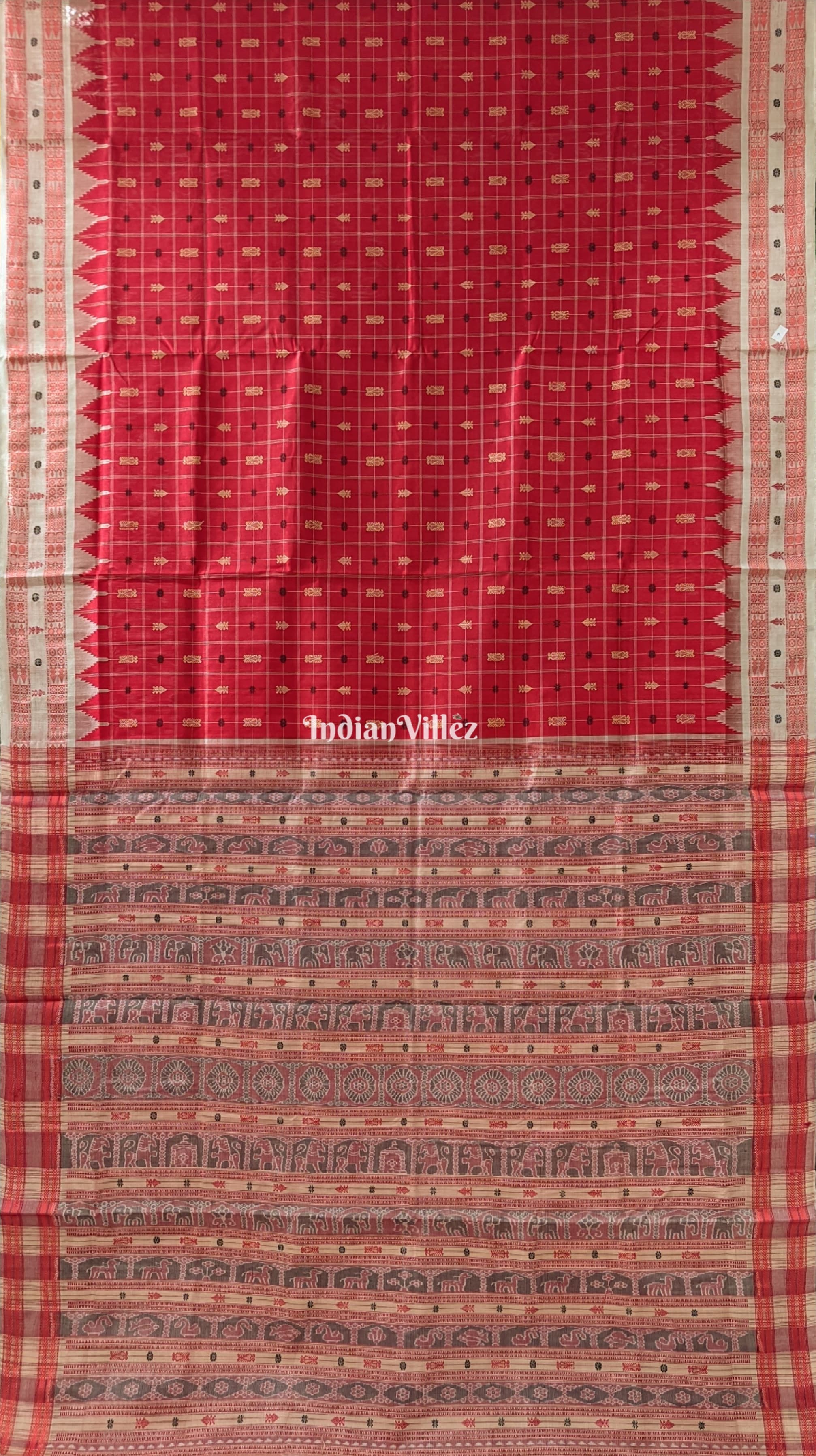 IndianVillèz Red Hazar Buti Sambalpuri Bomkai Tussar Saree