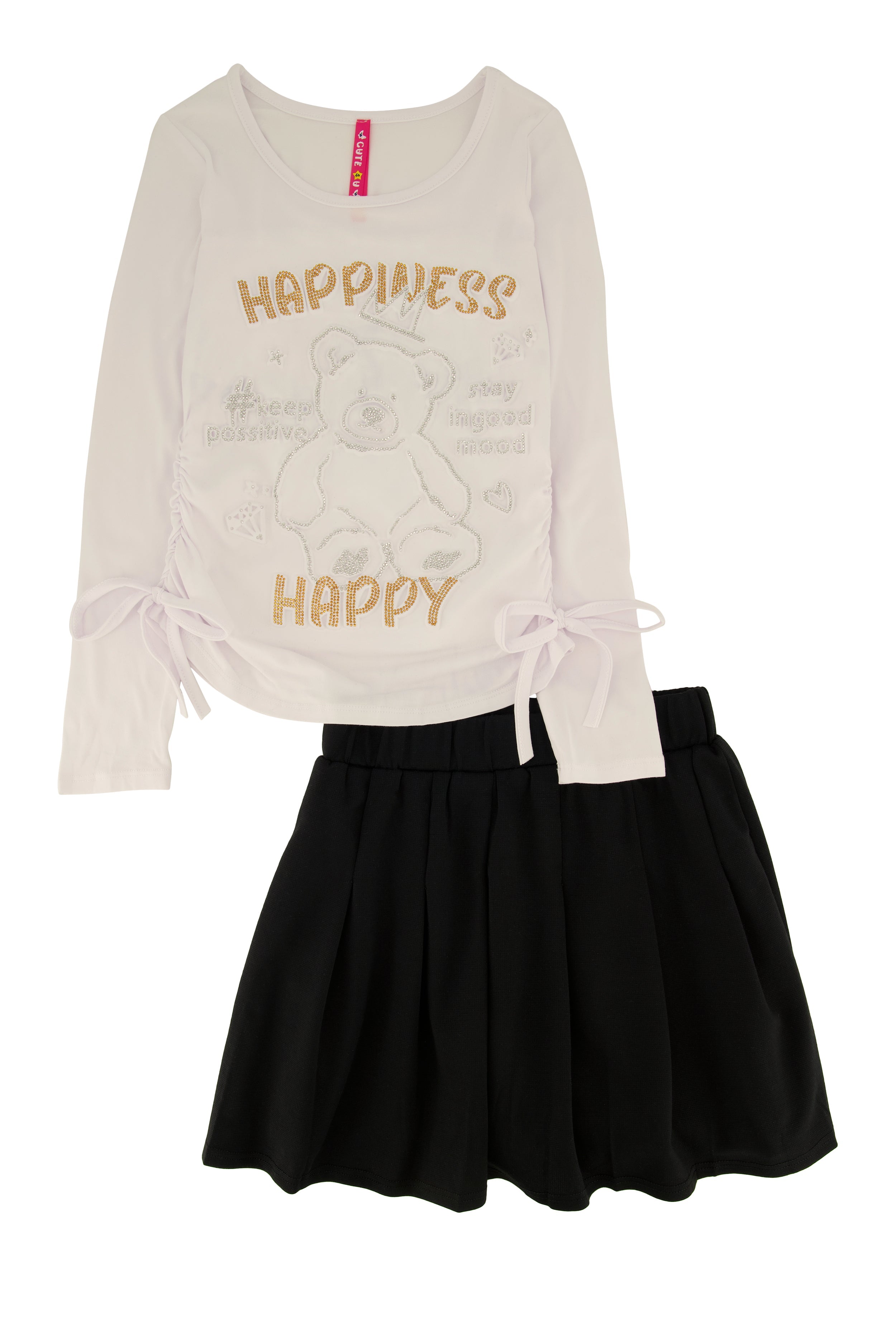 Rainbow Shops Little Girls Happiness Bear Rhinestone Graphic Top and Pleated Skirt