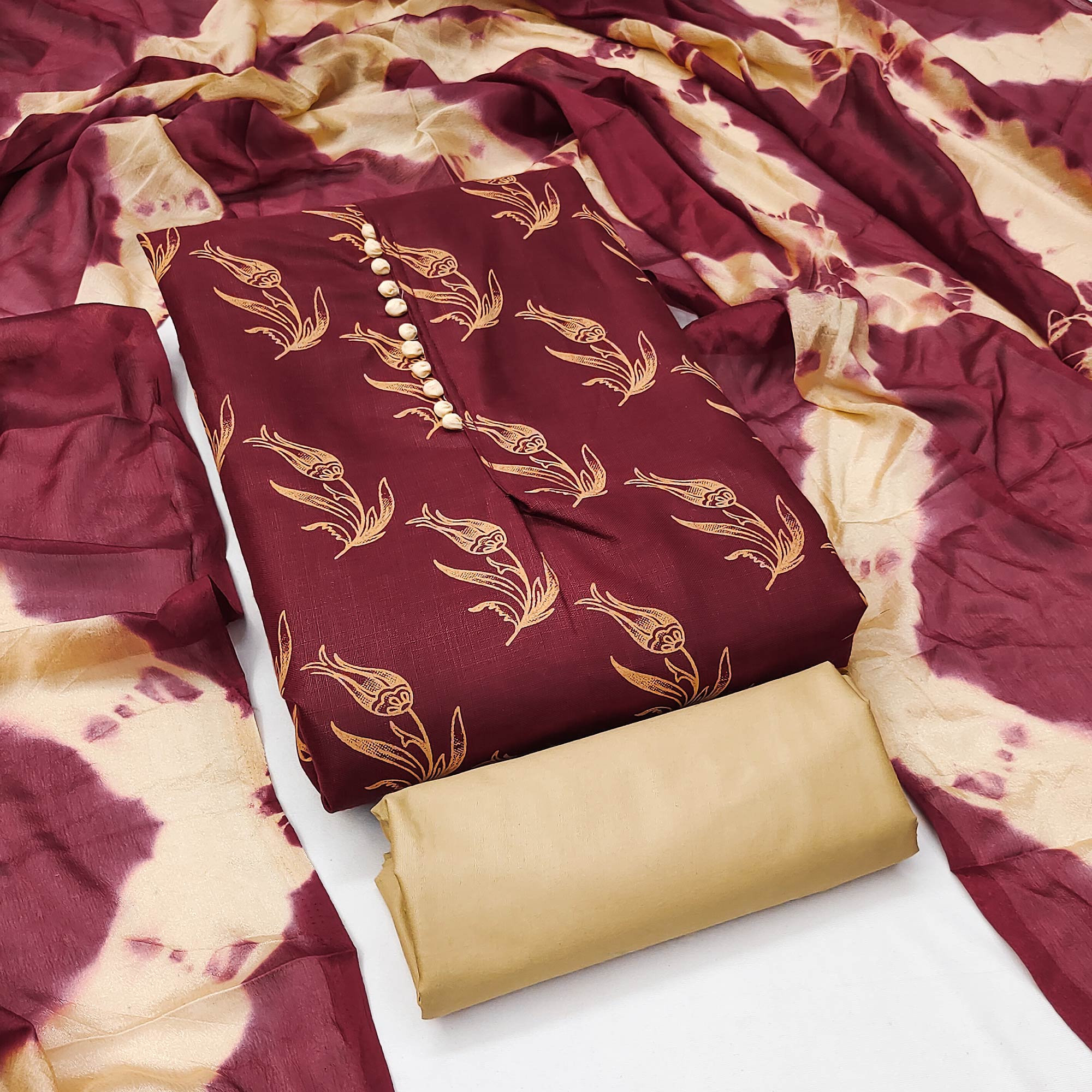 Peachmode Maroon Floral Printed Slub Cotton Dress Material