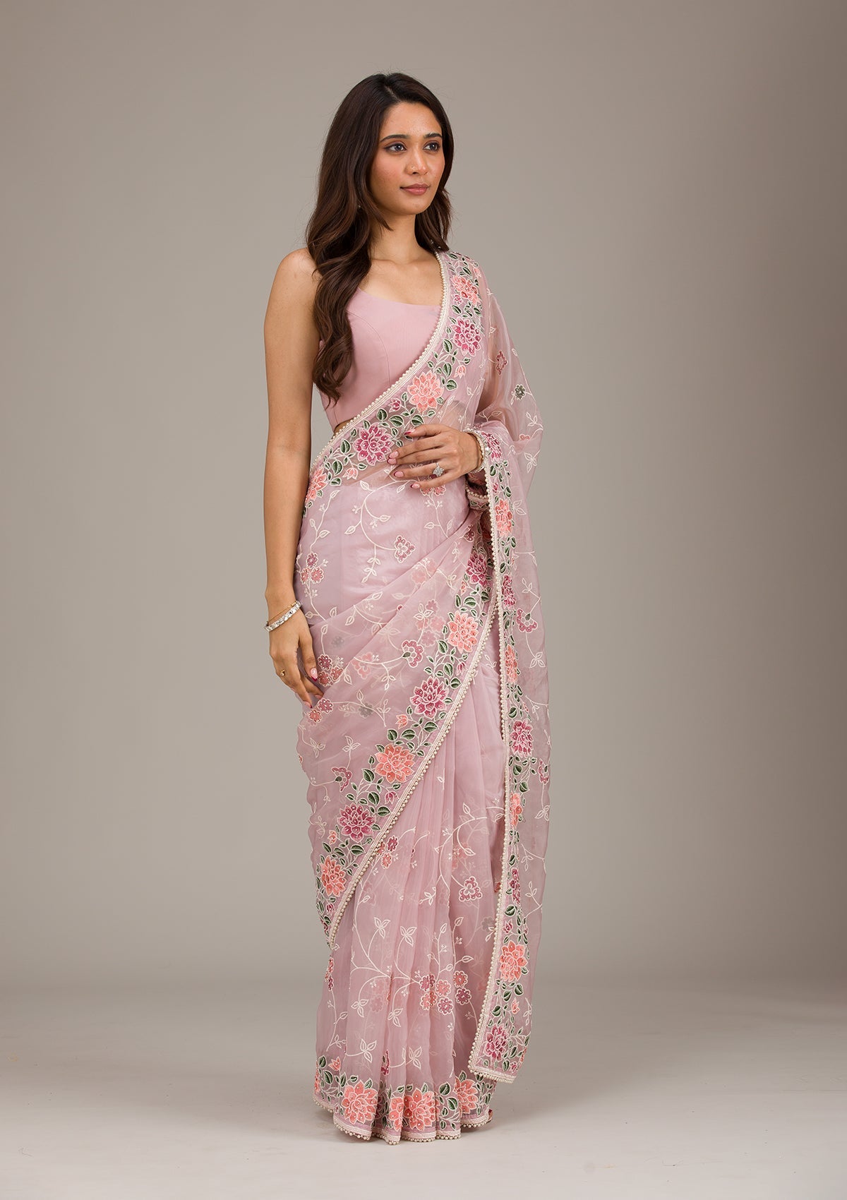 Koskii Onion Pink Threadwork Organza Saree – Women's - view 4