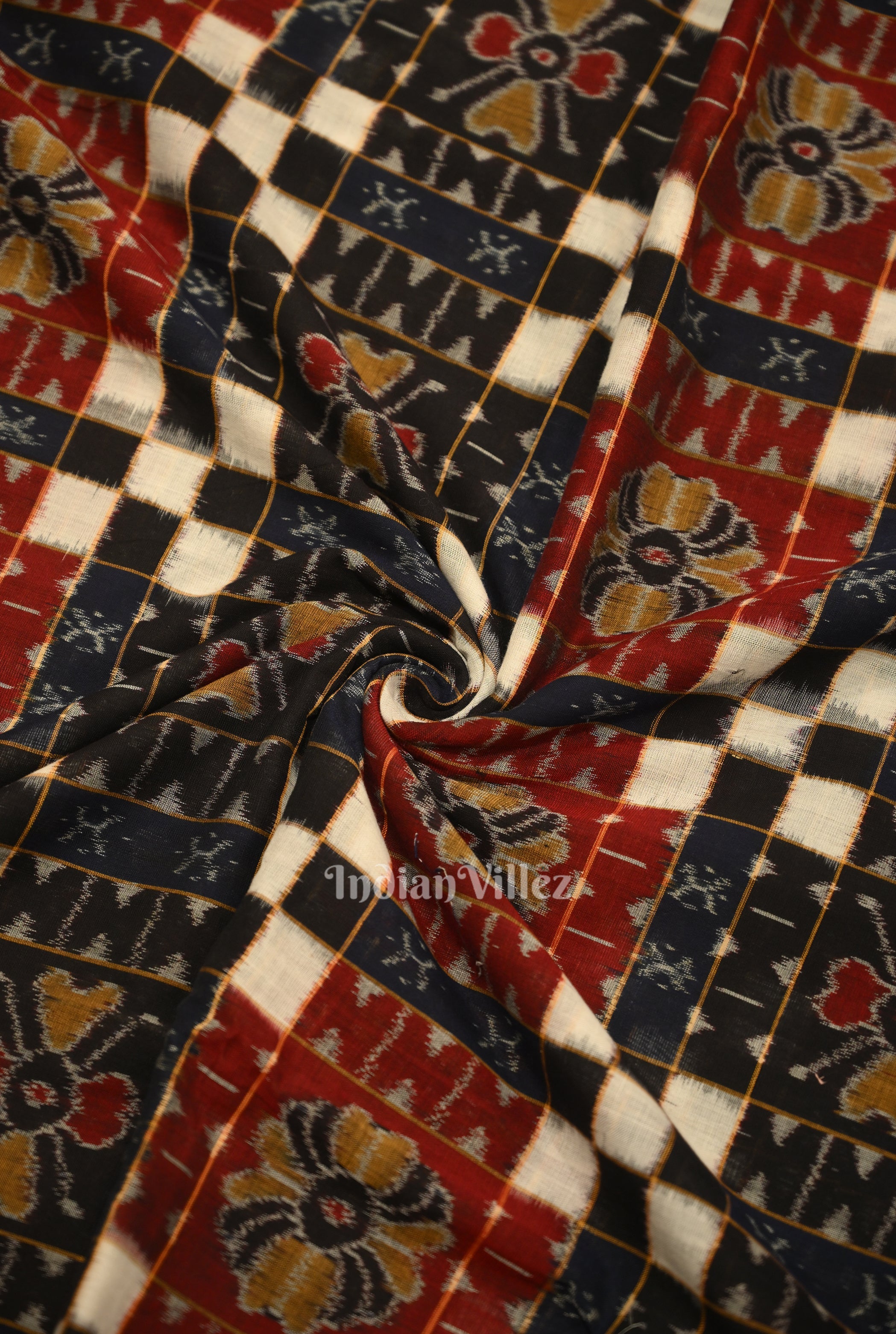 IndianVillèz Black Pasapali Sambalpuri Ikat Cotton Fabric