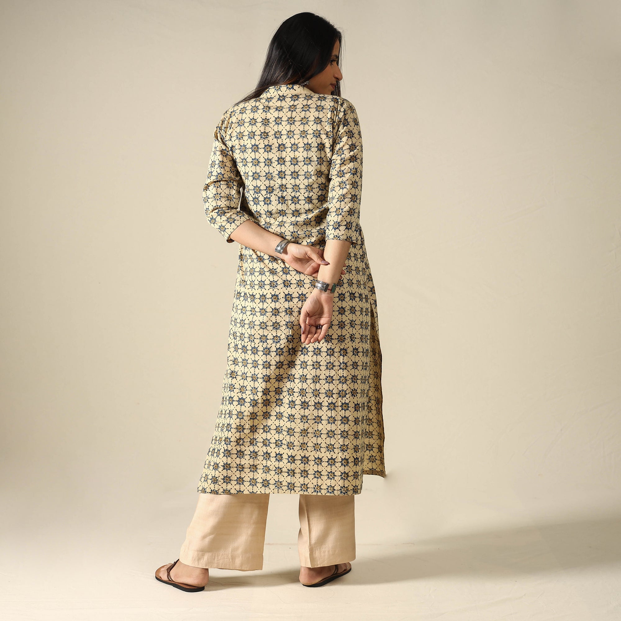 ITOKRI CASUALS Beige - Ajrakh Block Printed Cotton Long Kurta - view 4